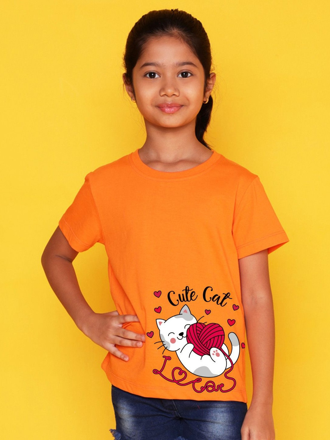 NUSYL Girls Cute cat Printed Regular Fit Cotton T-Shirt