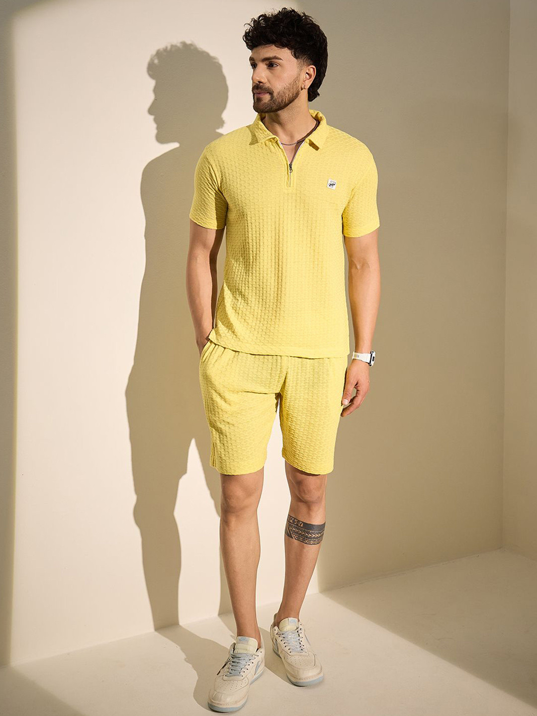 FUGAZEE Textured Shirt Collar Neck T-Shirt With Shorts Co-Ords