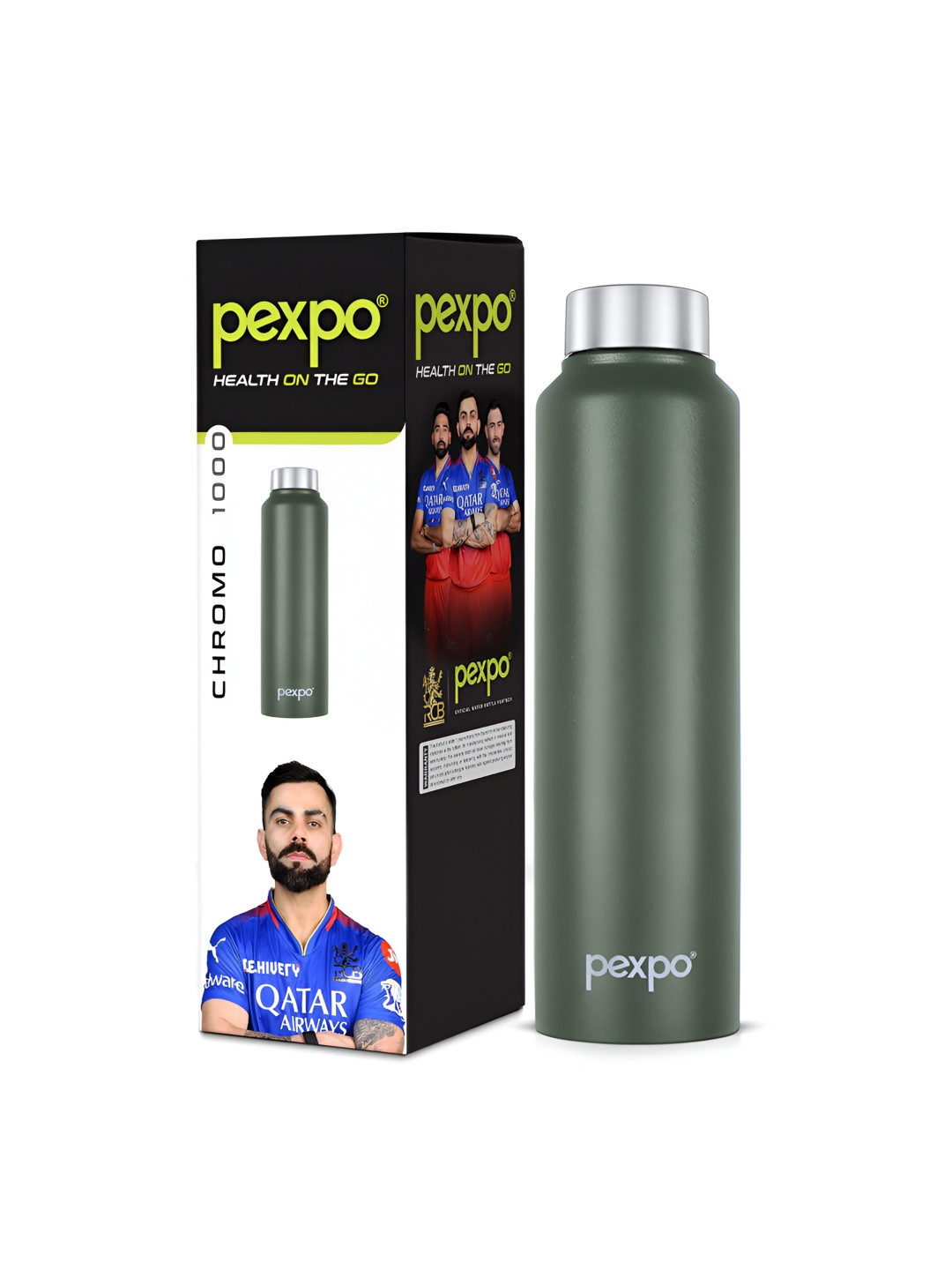 Pexpo Chromo Green Solid Stainless Steel Single Wall Vacuum Water Bottle - 950ml