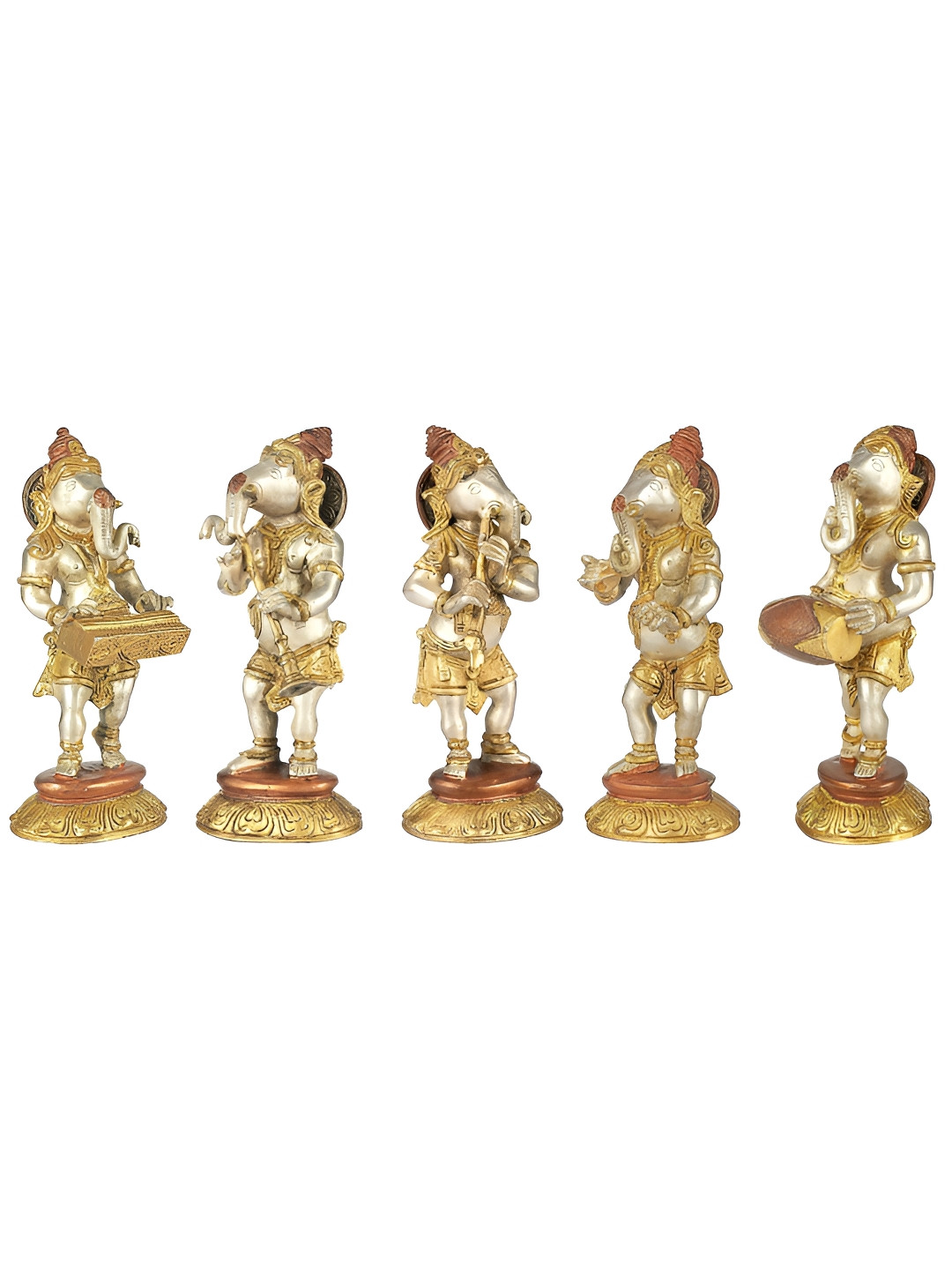 Exotic India Musical Ganesha Gold Brass Metallic Prayer Room Music Set of 5 Small Showpieces - 8 Inches