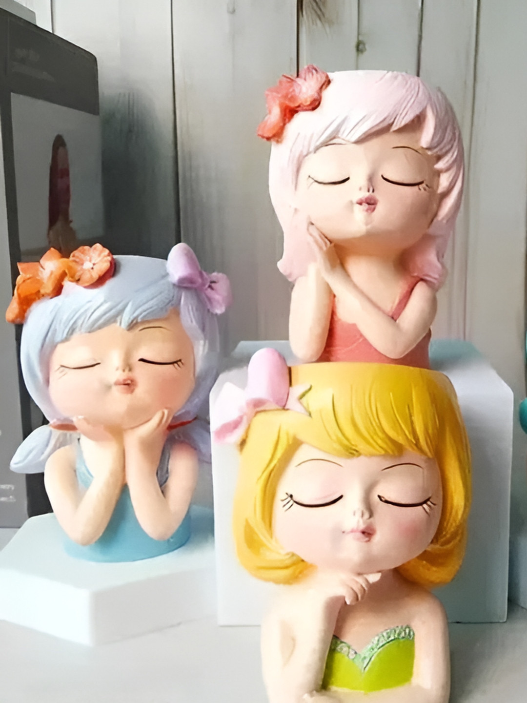 PICKARTME Flowergirl Yellow Polyresin Glossy Living Room Set of 3 Medium Showpieces - 4.3 Inches