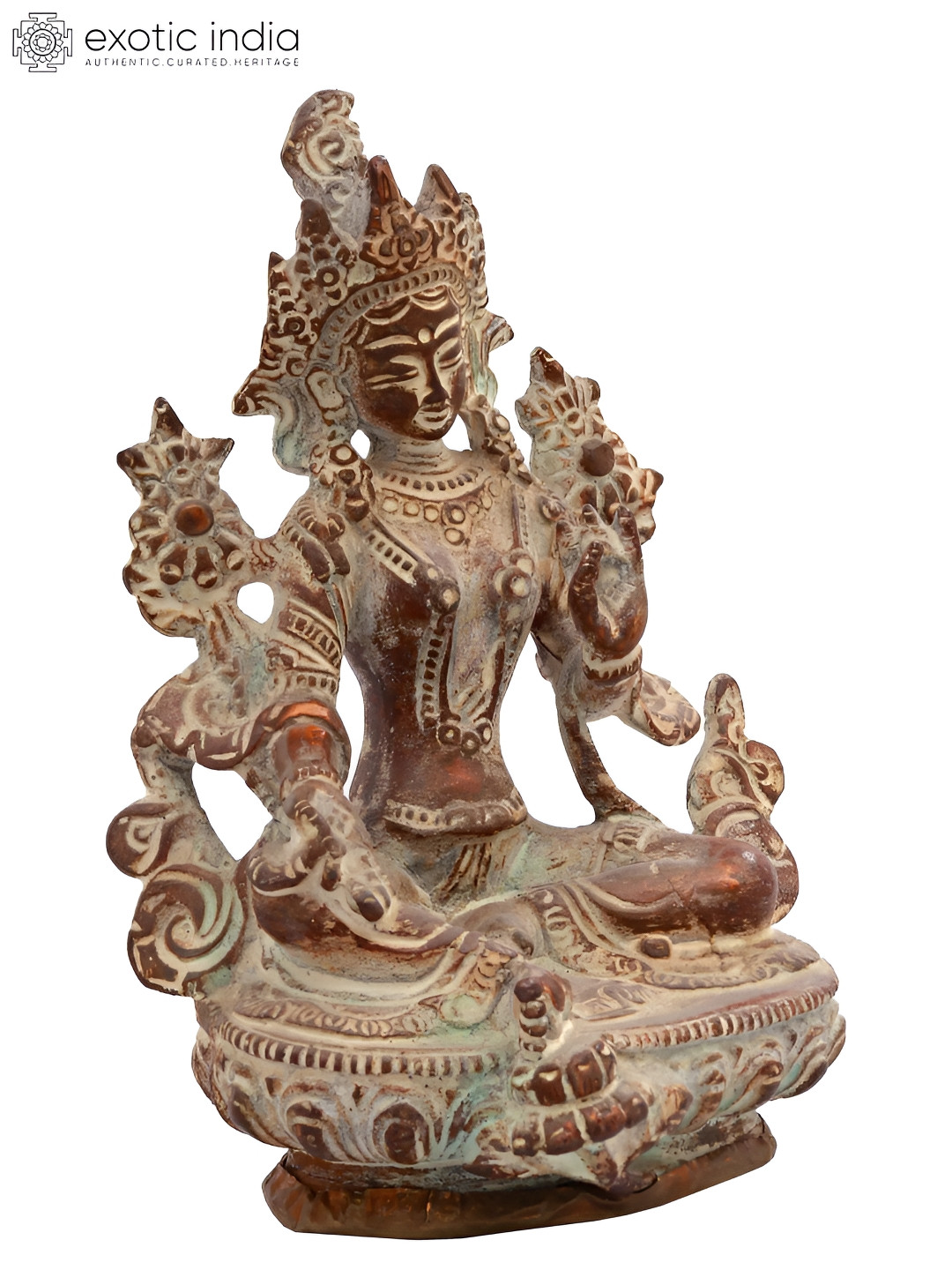 Exotic India Goddess Green Tara Brown Brass Metallic Home Office Small Showpiece - 6 Inches