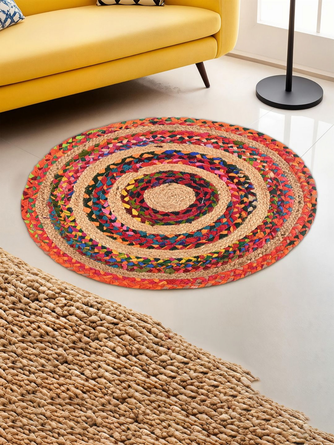 Aura Brown & Red 2x2 Ft Handwoven Jute Door Mats for Home Entrance Round Doormats