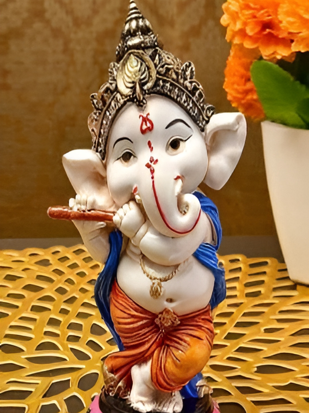 PICKARTME Bansuriganesh Cream Polyresin Glossy Prayer Room Medium Showpiece -