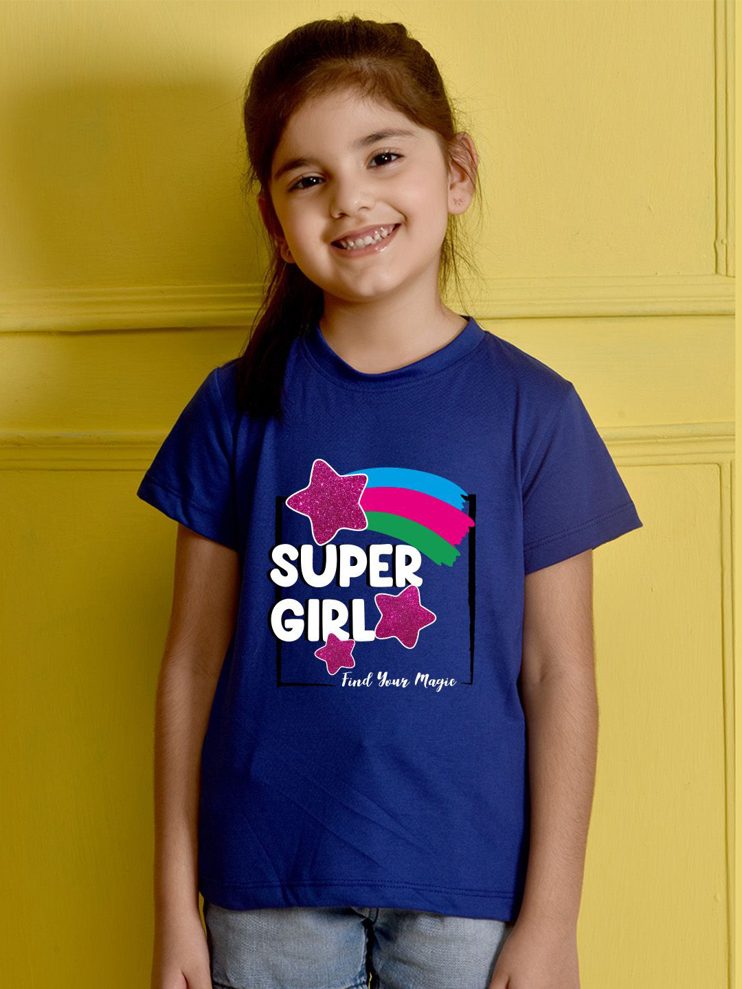 NUSYL Girls  Super Girl & Star Printed Regular Fit Cotton T-Shirt
