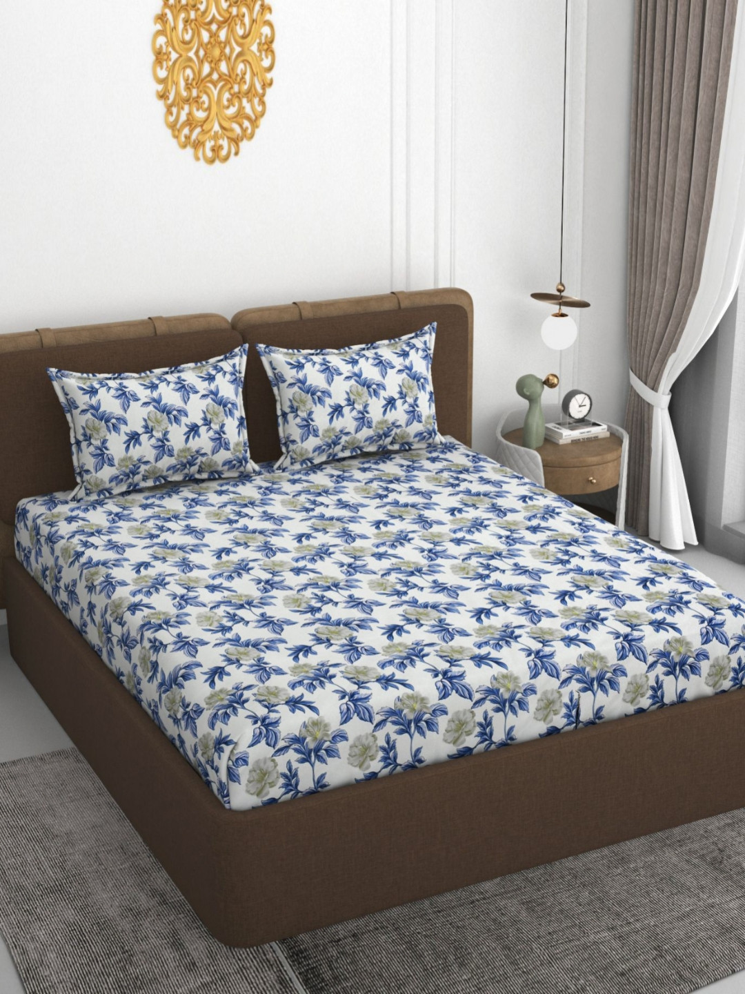 VOMZER Blue Floral Cotton 210 TC Fitted Queen Superfine Bedsheet with 2 Pillow Covers-78 x 60 inches