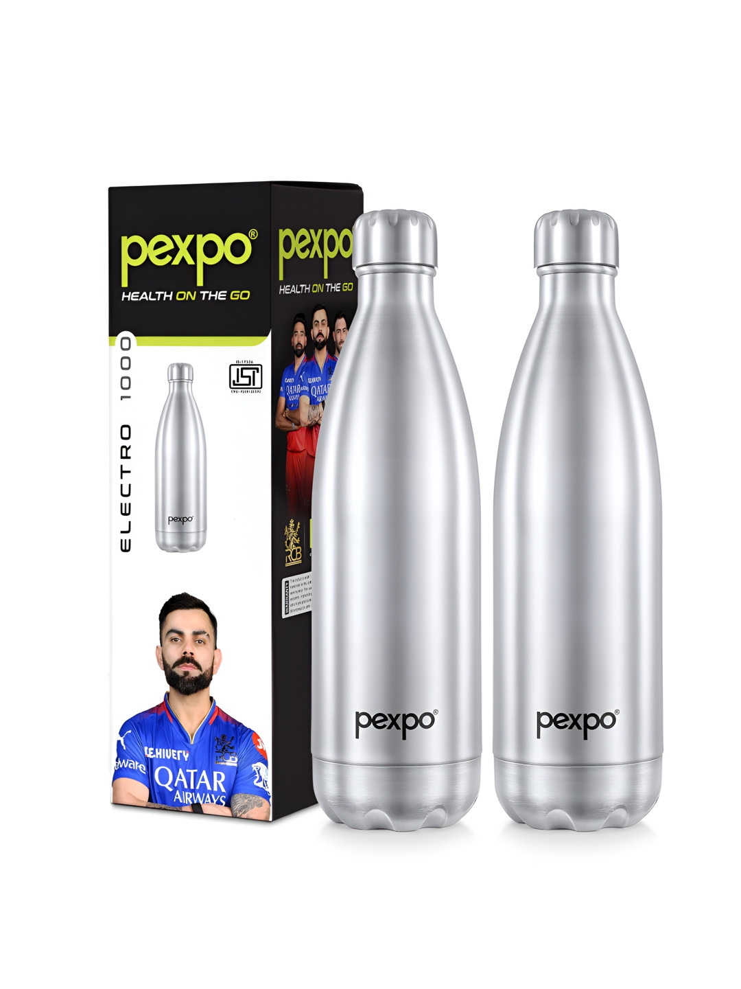 Pexpo Electro Silver Solid Stainless Steel Spill Proof 2 Piece Flask - 980ml