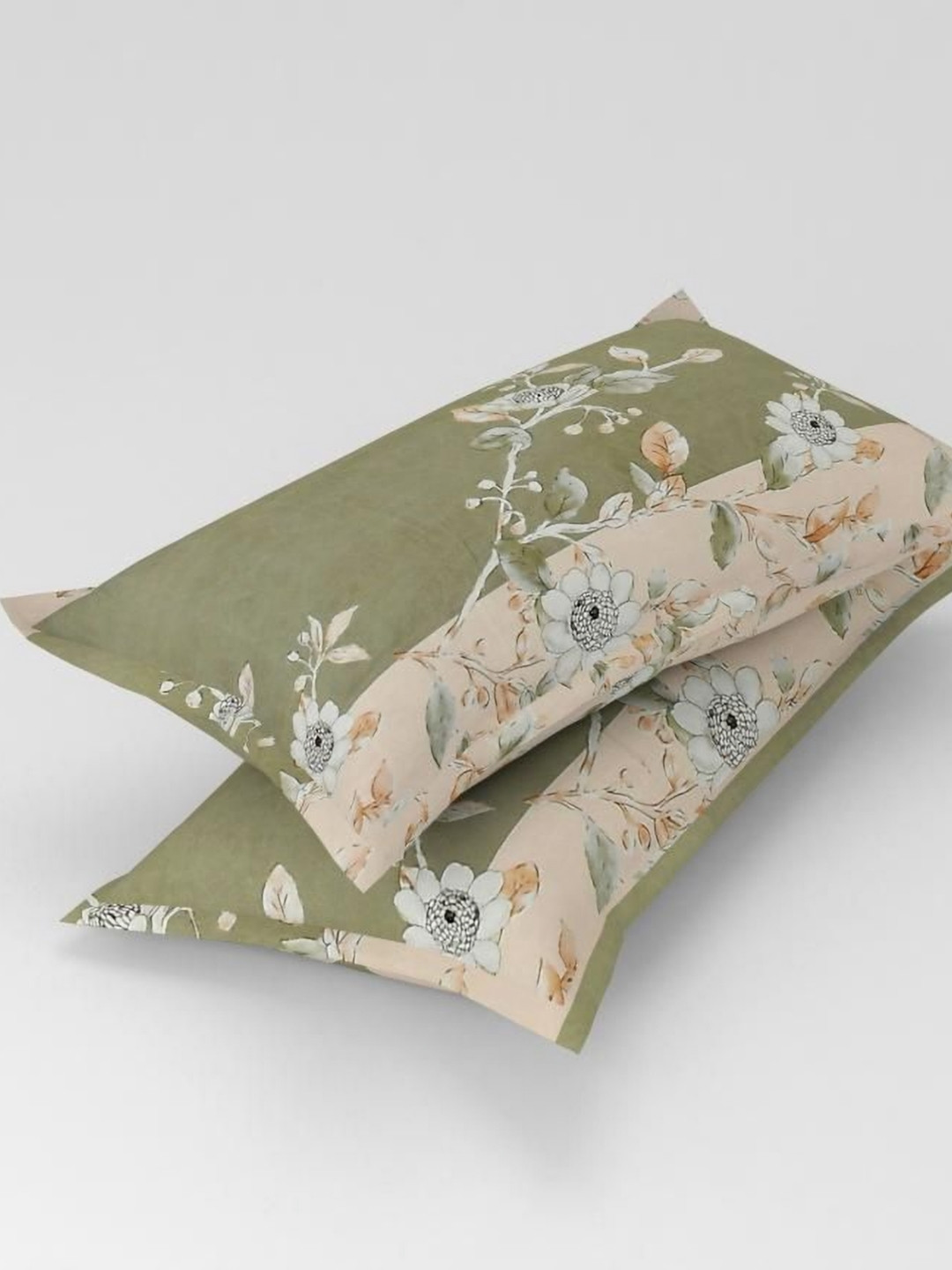 Florida Olive Green & Cream-Coloured 2 Pieces Abstract Cotton Linen Rectangle Pillow Covers