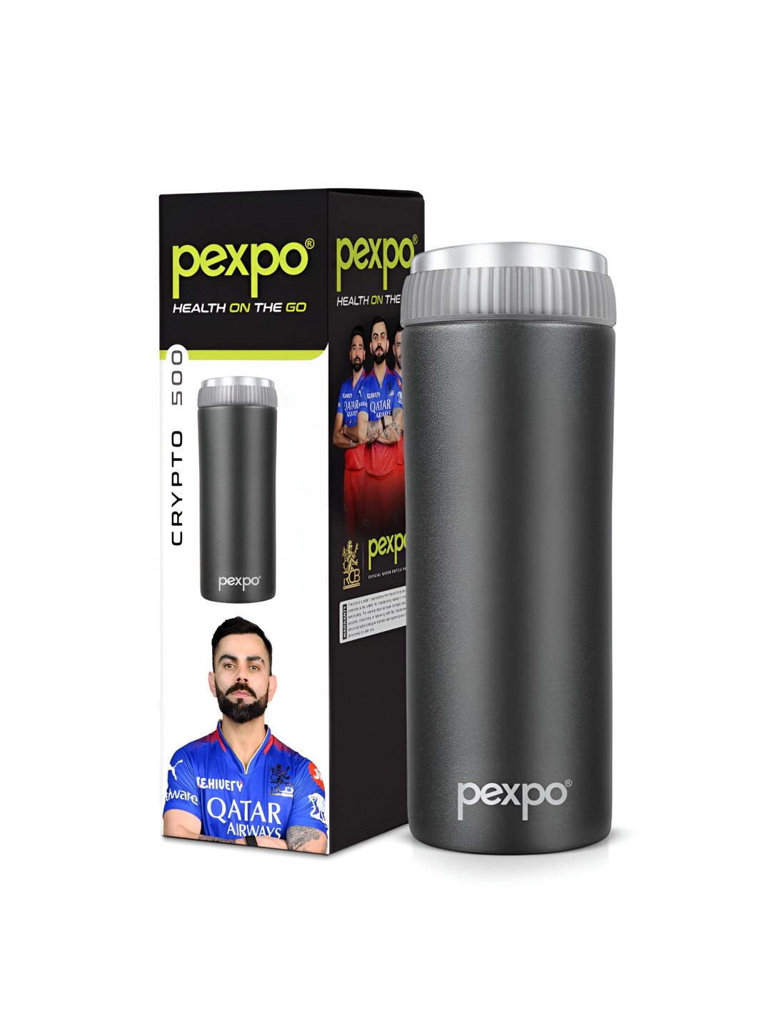 Pexpo Crypto Black Stainless Steel Double Wall Vacuum Water Bottle - 430ml