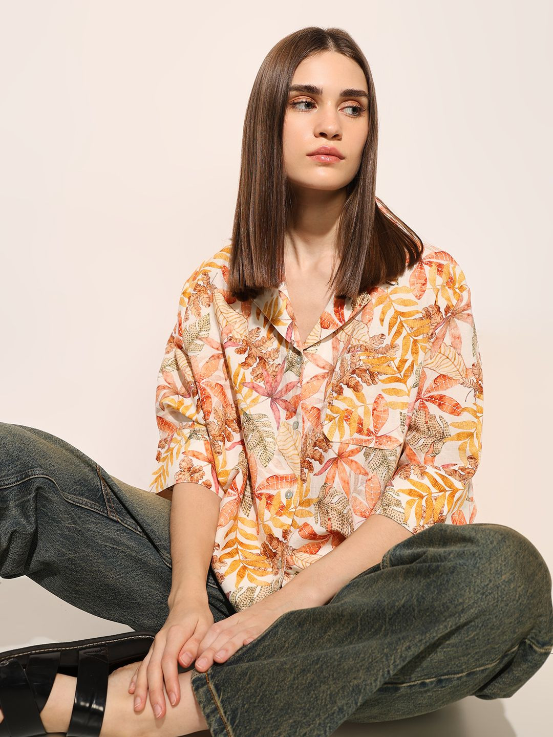 ONLY Boxy Floral Printed Spread Collar Drop-Shoulder Sleeves Boxy Shirt