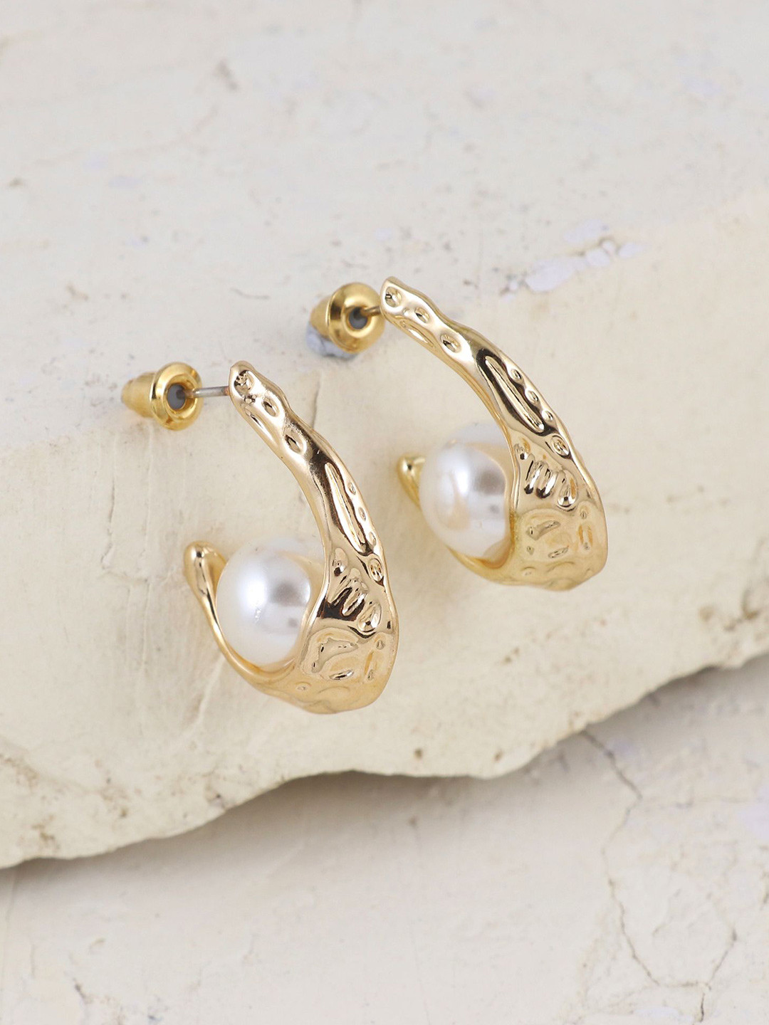 Asthetika Pearls Beaded Contemporary Shaped Textured Half Hoop Earrings