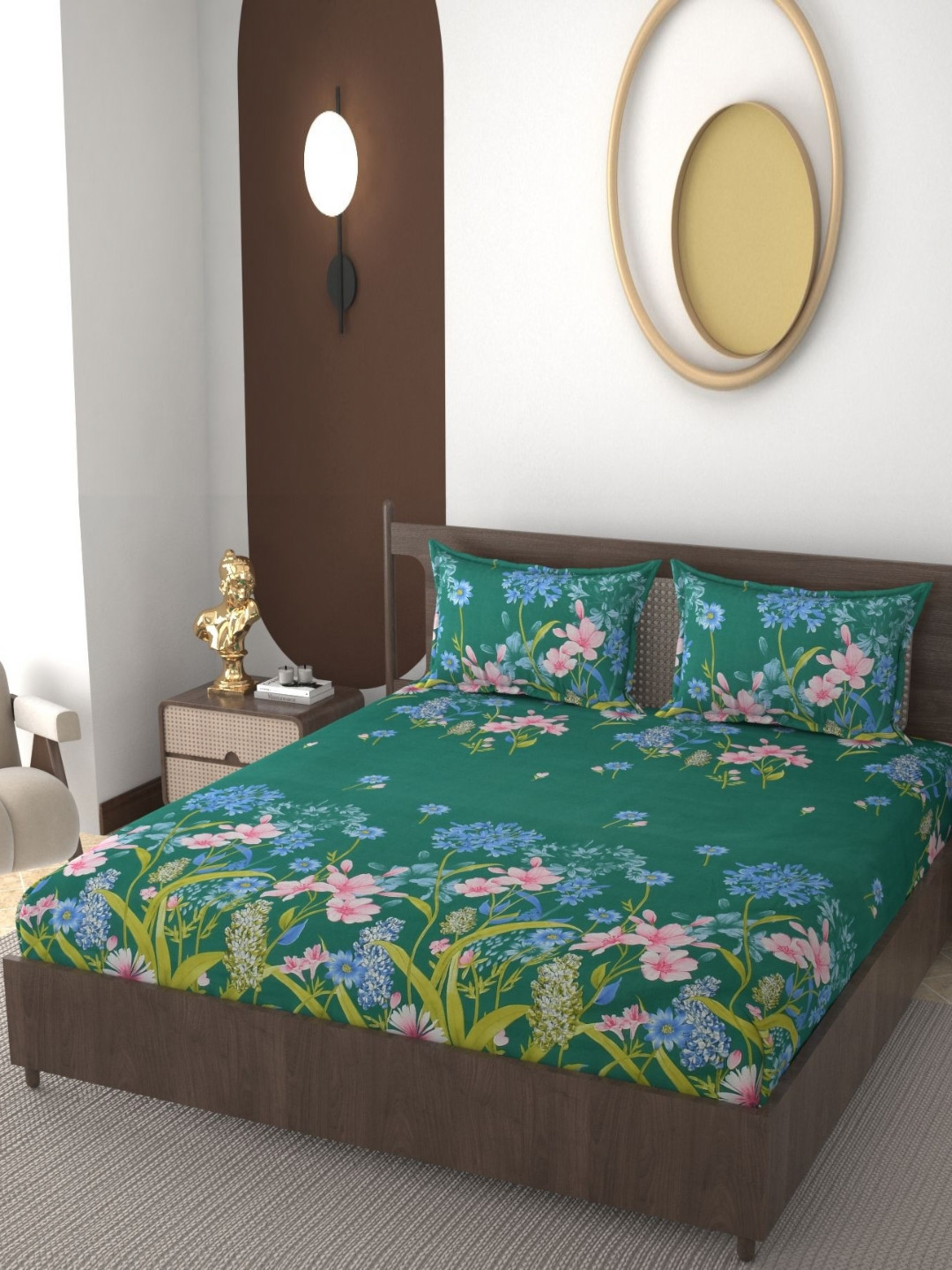 REALDREAM Presents Luxurious Green Floral Cotton 260 TC Fitted King Fine Bedsheet with 2 Pillow Covers-78 x 72 inches