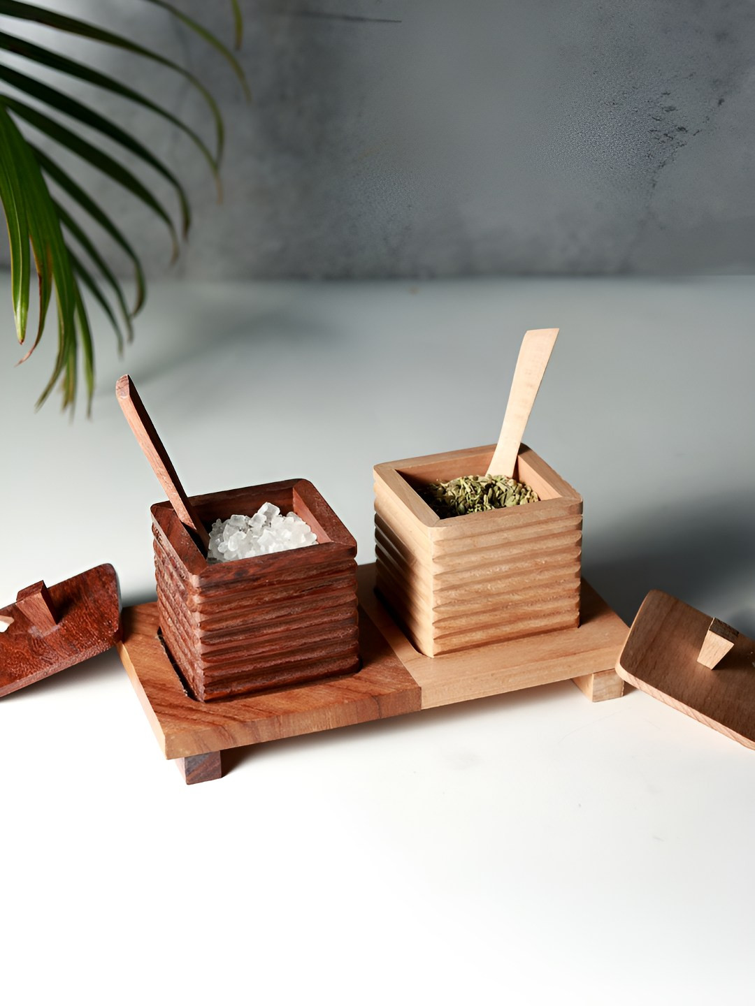 Unravel india Ripple Collection Brown Striped Wood Easy To Clean 3 Piece Flip Top Canister