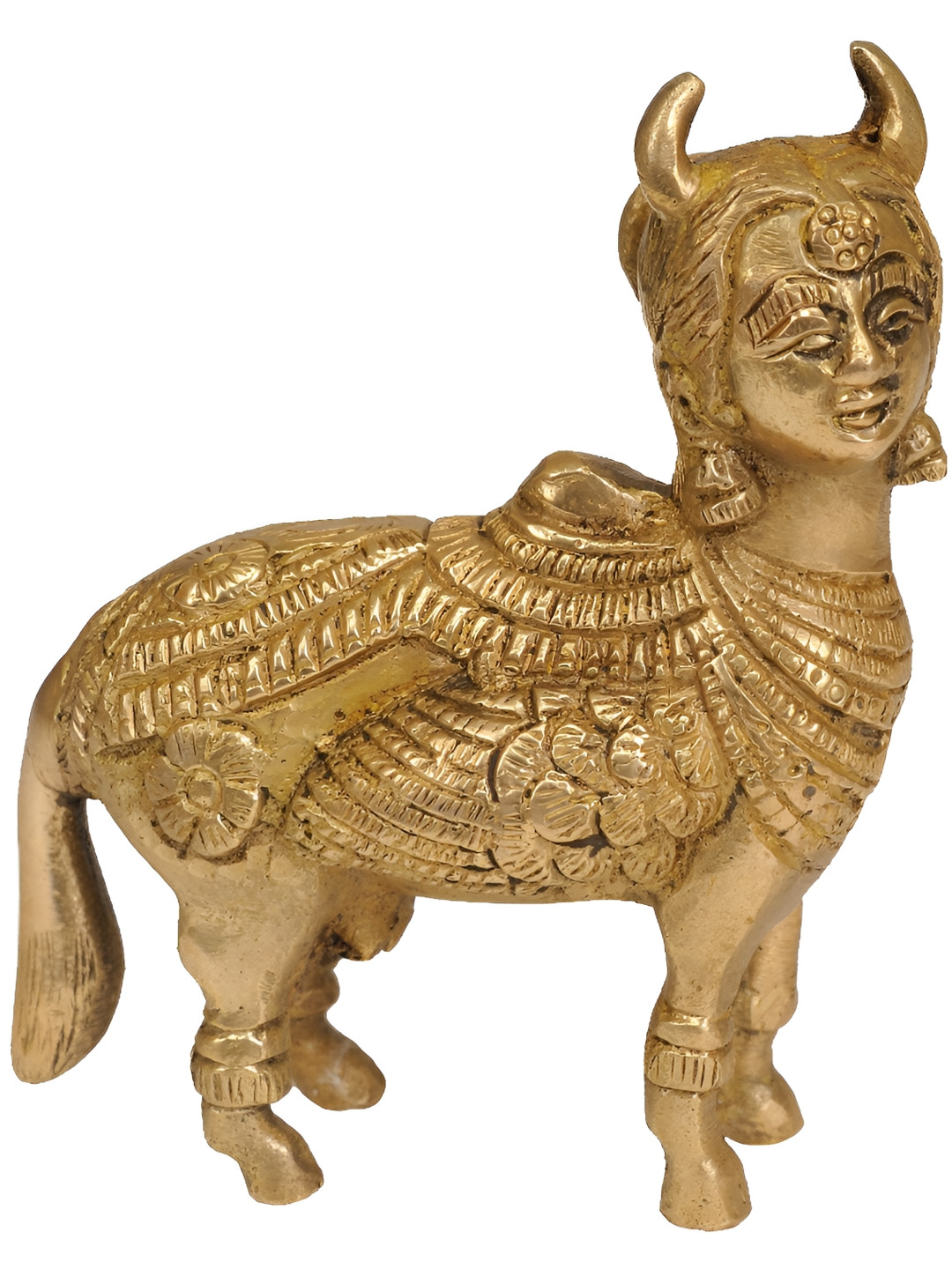 Exotic India Kamadhenu The Wish-Fulfilling Divine Cow Gold Brass Metallic Living Room Tiny Showpiece - 4 Inches