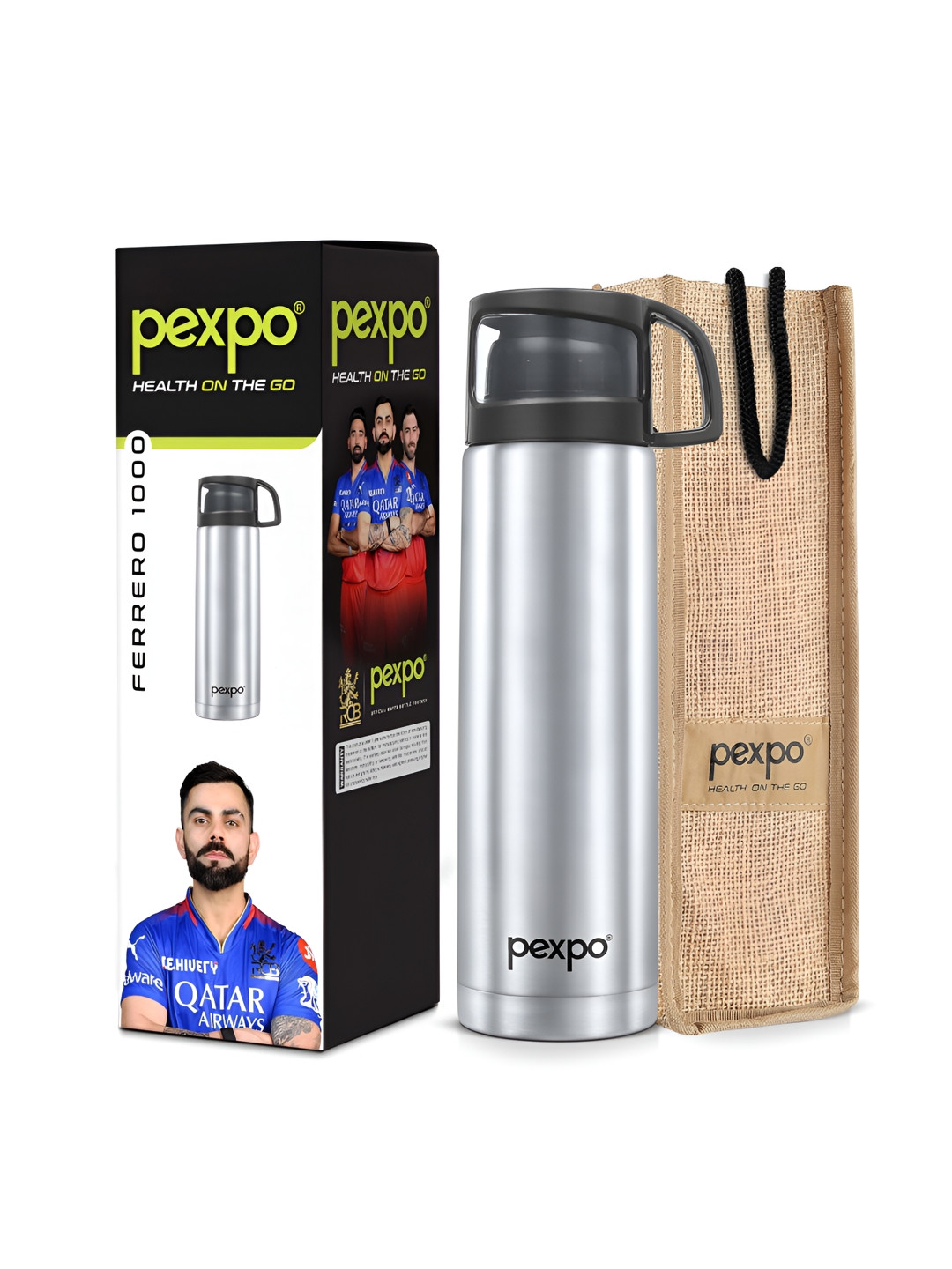 Pexpo Fererro Silver Stainless Steel Spill Proof Flask - 1L