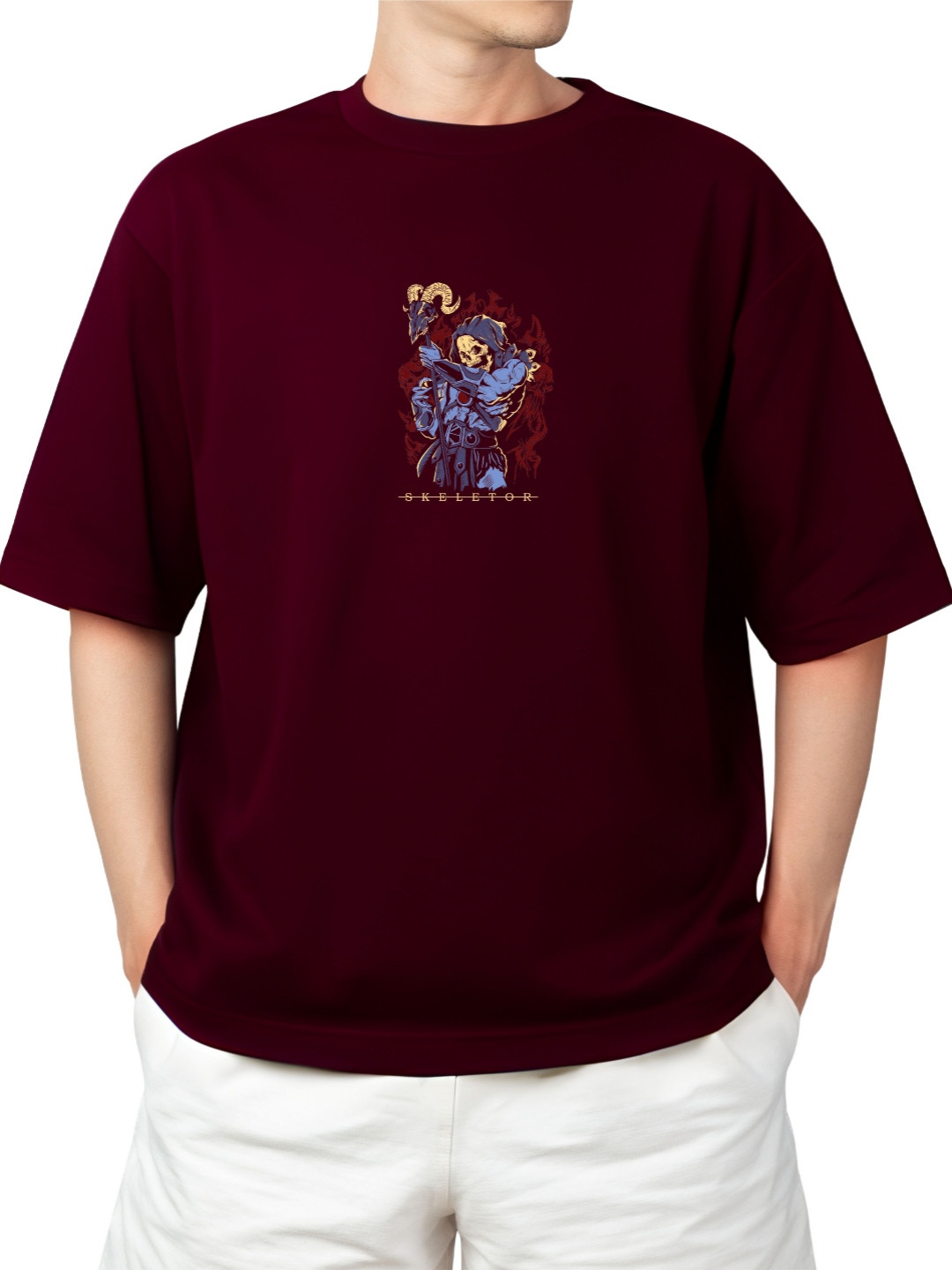 Starsbuyer Skeletor Printed Cotton Drop-Shoulder Sleeves Oversized T-shirt