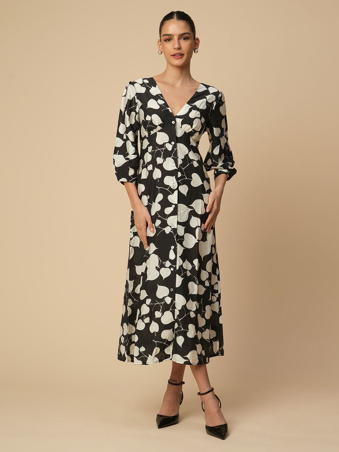 Chemistry Floral Print Puff Sleeve A-Line Midi Dress