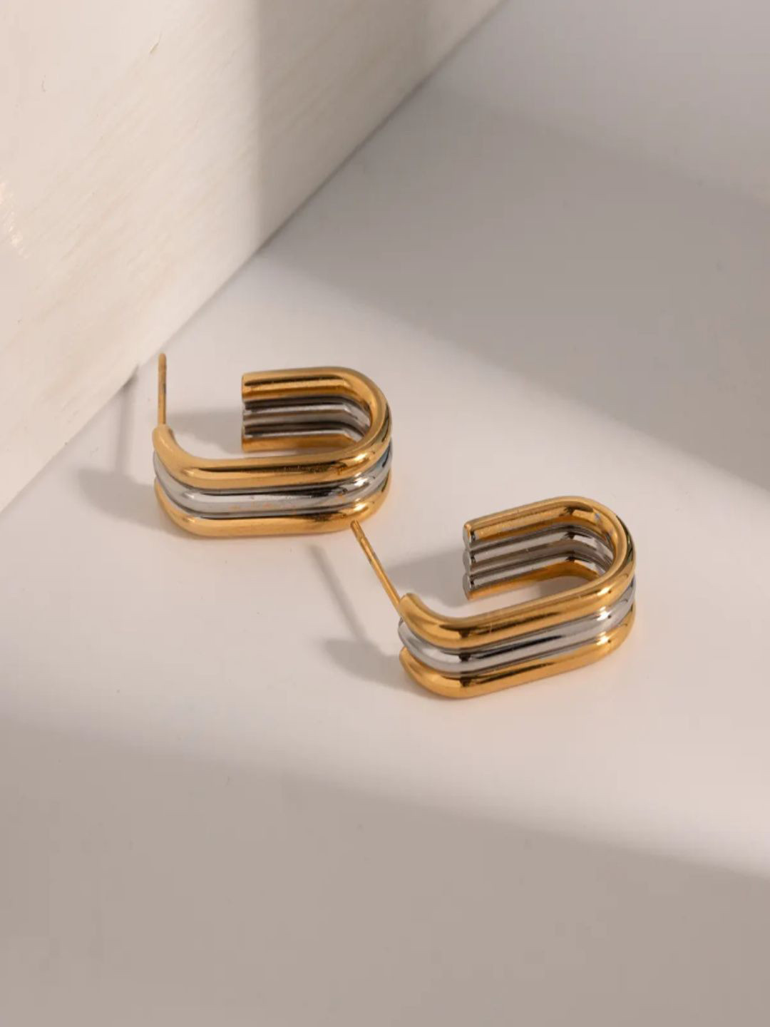 DIMPLERY Stainless Steel Gold-Plated Contemporary Lightweight Layered Half Hoop Earrings