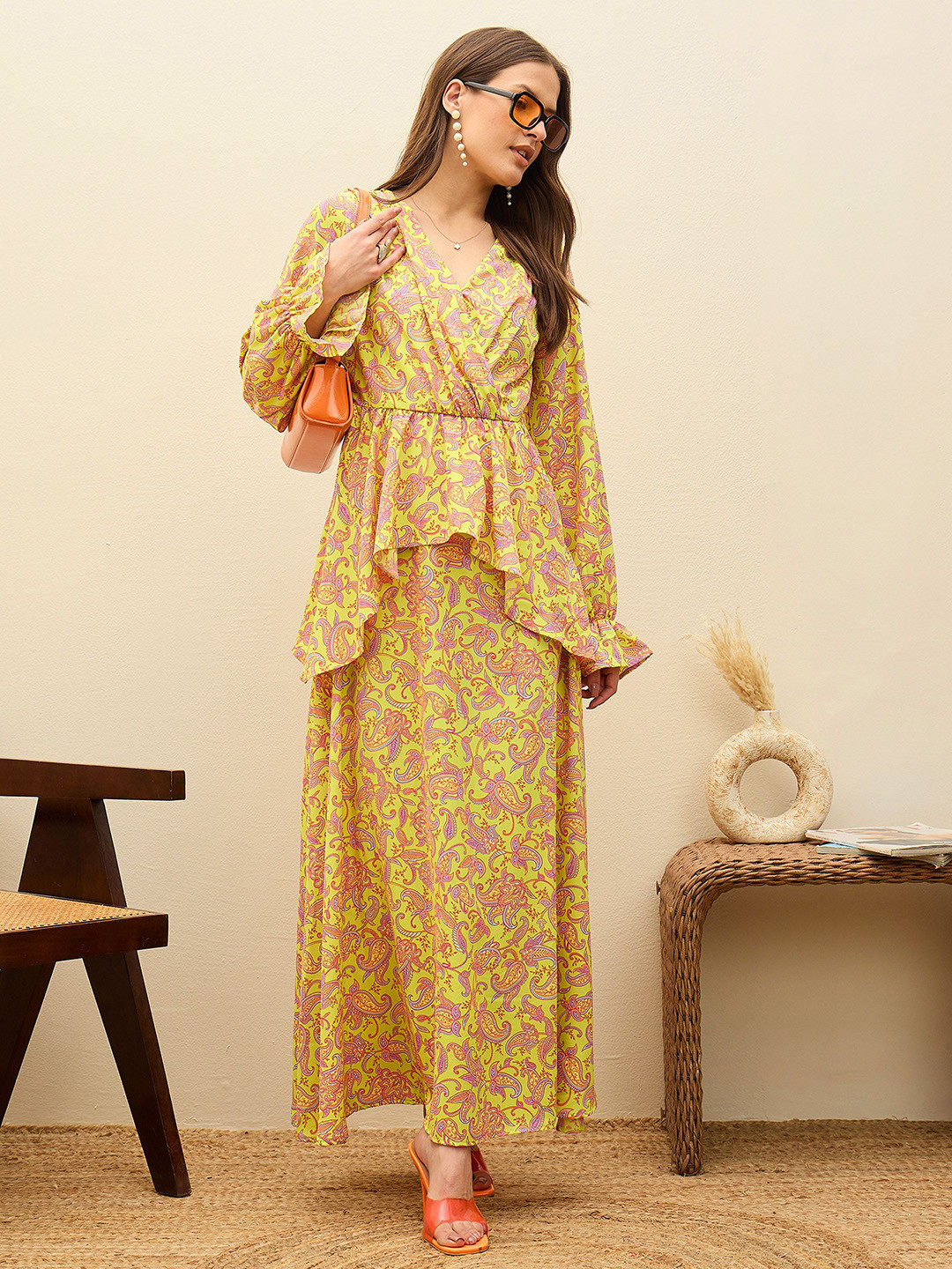 SASSAFRAS Printed Balloon Sleeves Georgette Fit &Flare Maxi Dress
