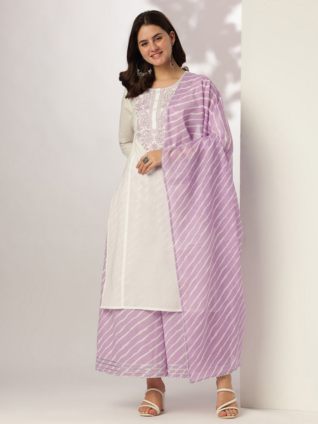 Janasya Women White & Lavender Pure Cotton Yoke Embroidered Straight Kurta Set