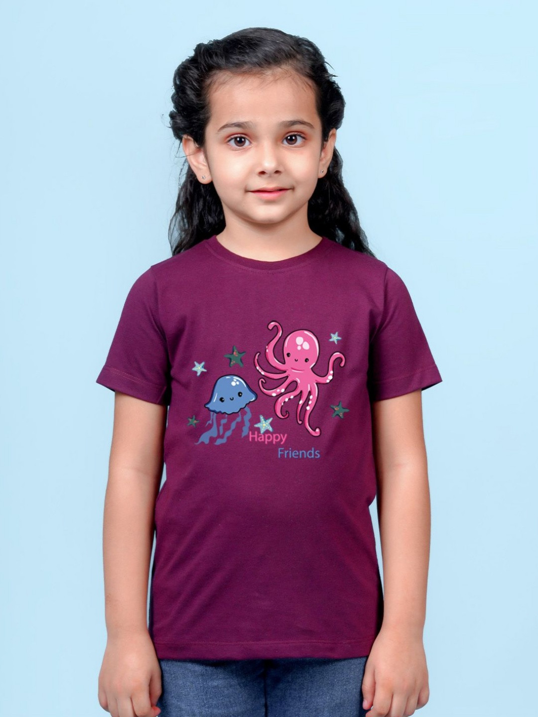NUSYL Girls Cute Jellyfish & Text Printed Regular Fit Cotton T-Shirt