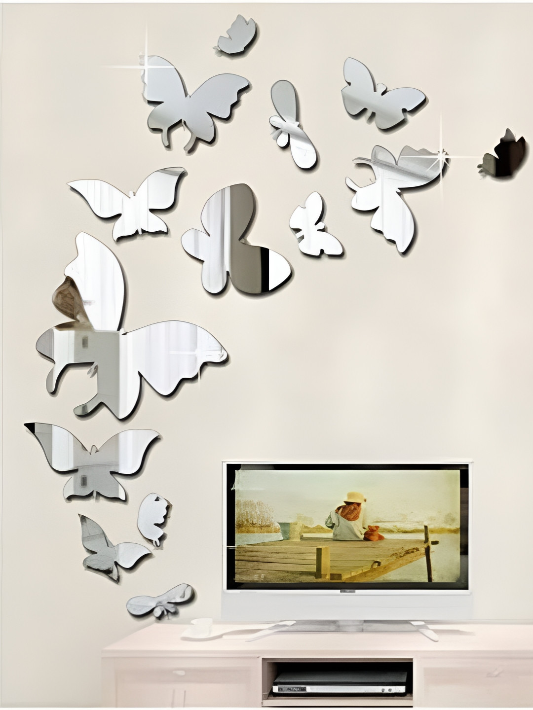 upkaranwale 14-Pcs Silver Self-Adhesive Butterfly Wall Sticker