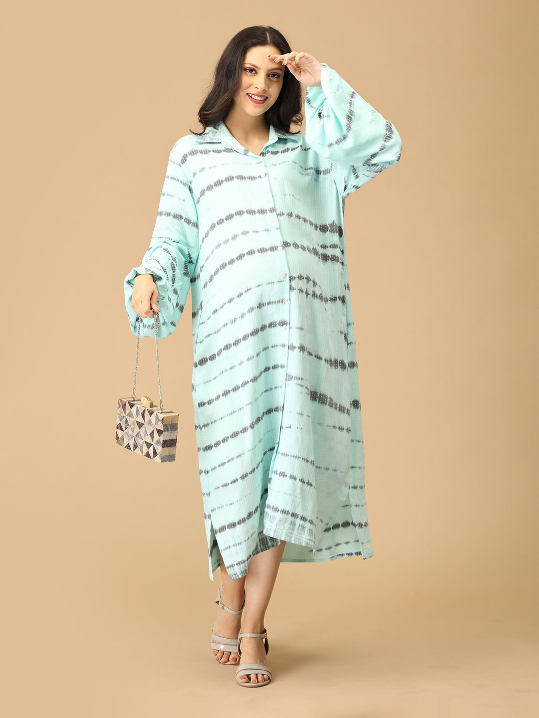 The Mom Store Tie & Dye Bishop Sleeve Maternity Shirt Midi Dress