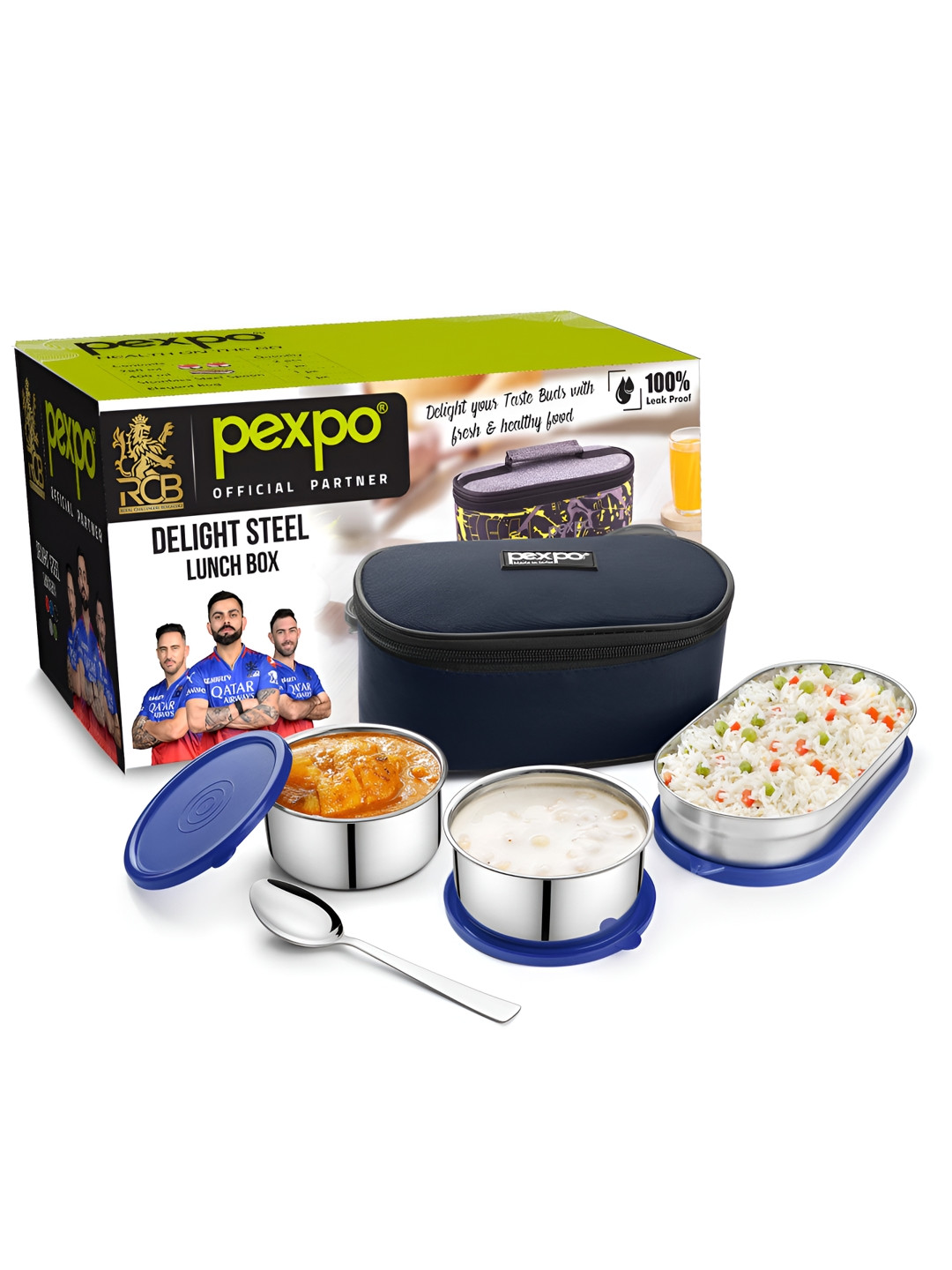 Pexpo Delight Stainless Steel Dishwasher Safe 4PCs Lunch Box With Spoon and Fork