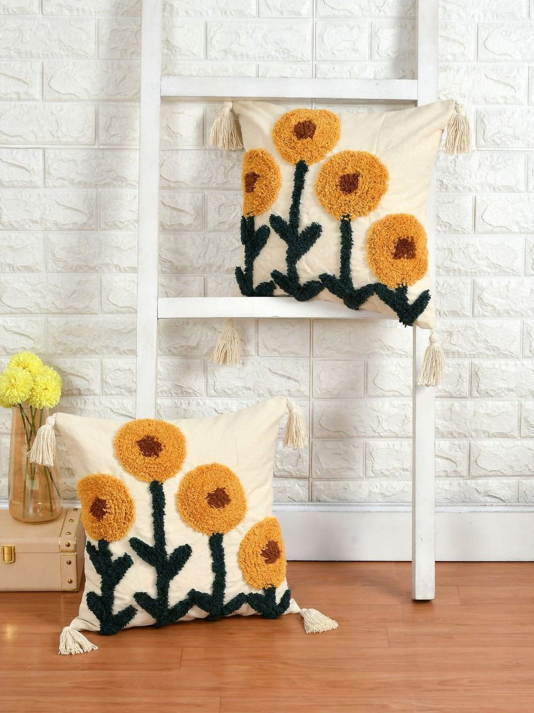 Dolce Casa Tufted Floral Cotton 2 Pcs Embroidered Square Cushion Covers - 16 x 16 In