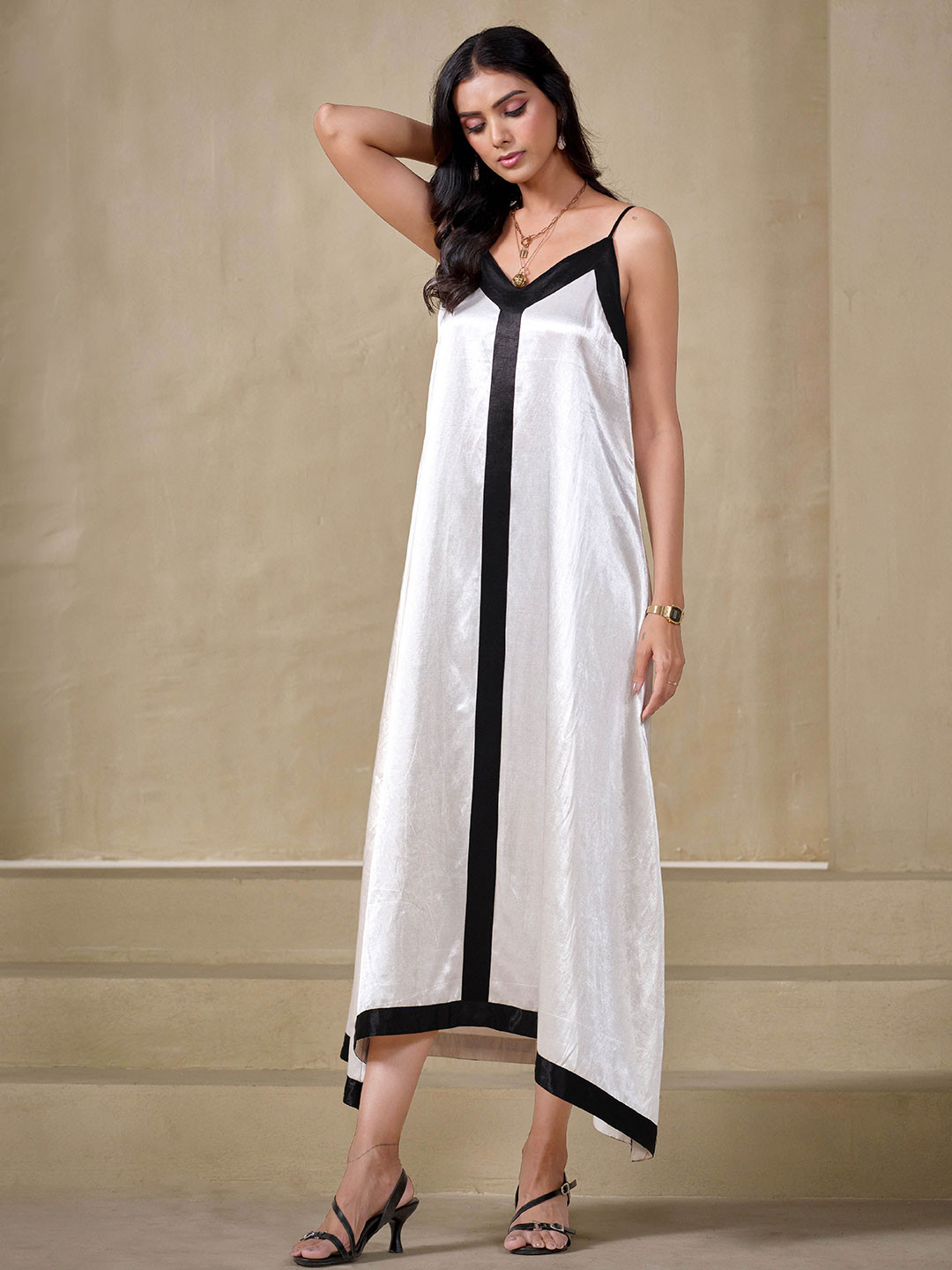 TANNAH Colourblocked Satin A-Line Midi Dress