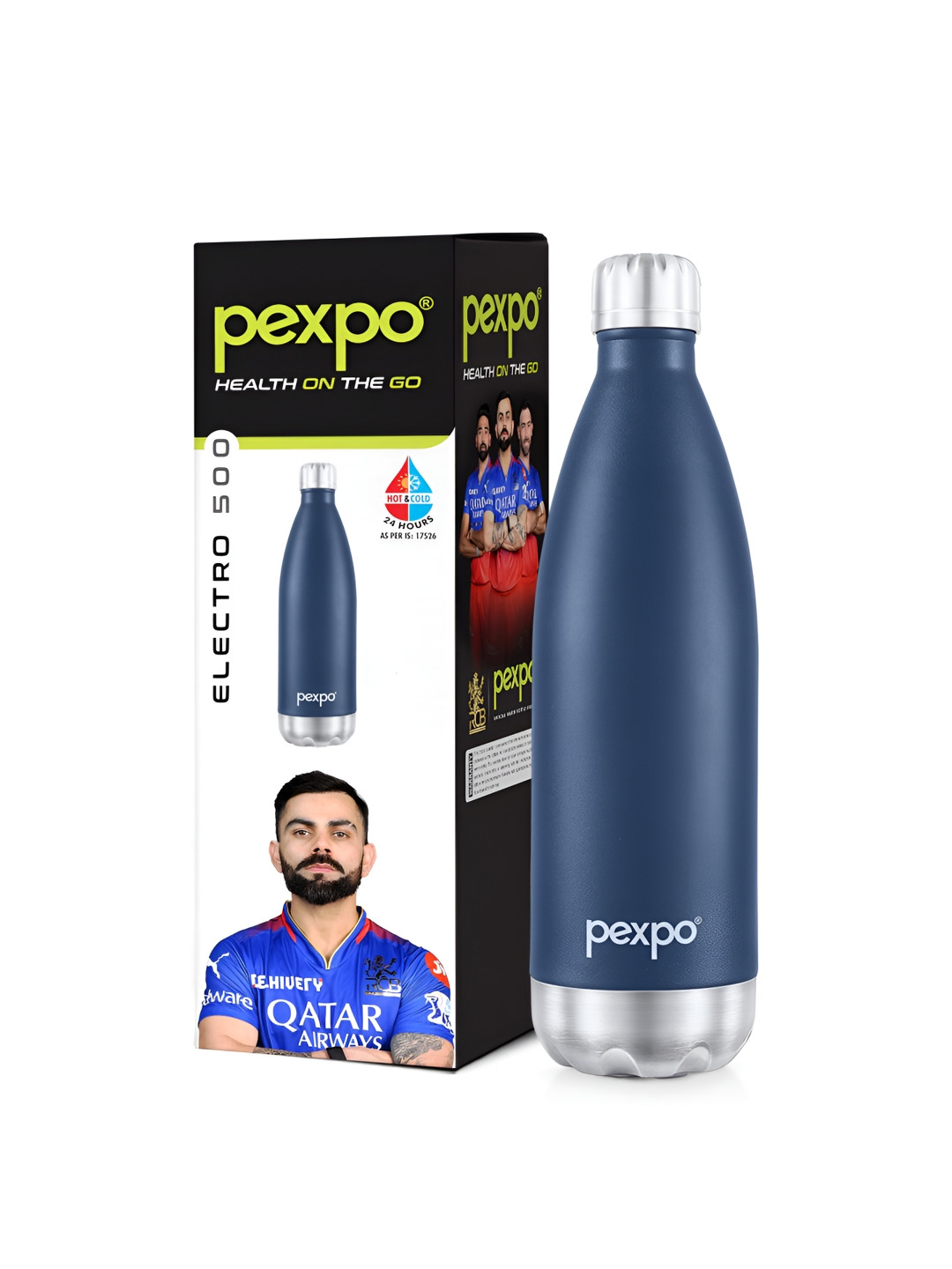 Pexpo Electro Blue Solid Stainless Steel Double Wall Vacuum Flask - 500ml