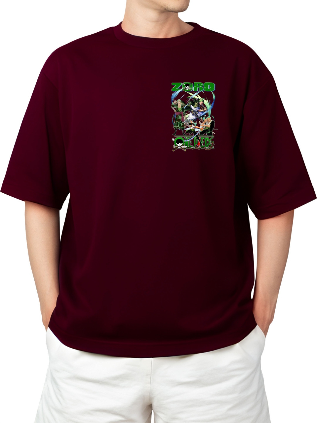 Starsbuyer Zoro Printed Cotton Drop-Shoulder Sleeves Oversized T-shirt