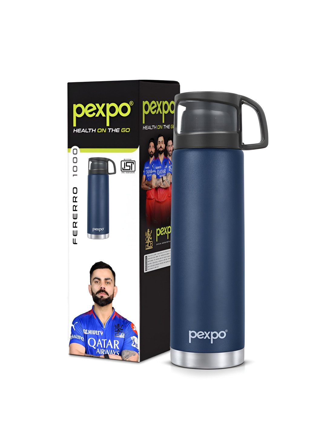 Pexpo Fererro Blue Solid Stainless Steel Spill Proof Flask - 1L