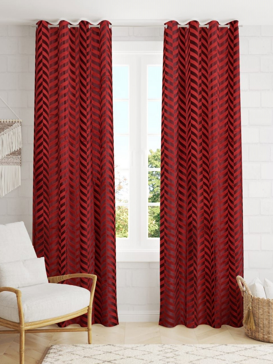 B' Decorlish Maroon & Red Set of 2 Geometric Room Darkening Long Door Curtain