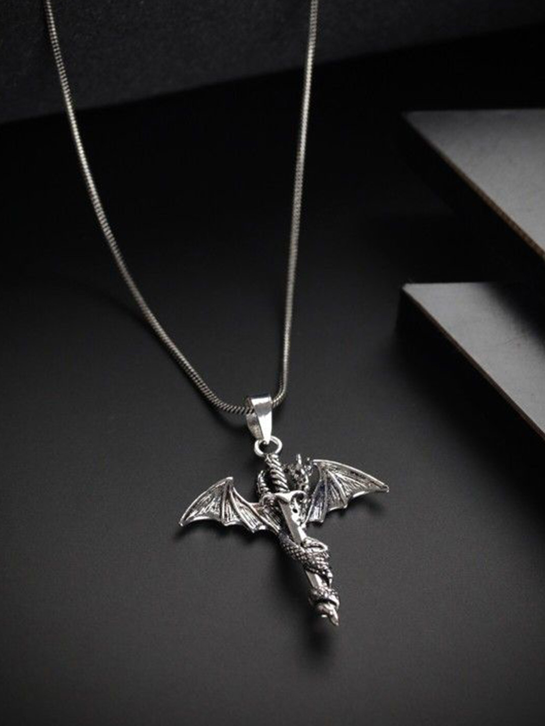 PASU FASHION Men Stainless Steel Silver-Plated Dragon Sword Pendant With Chain