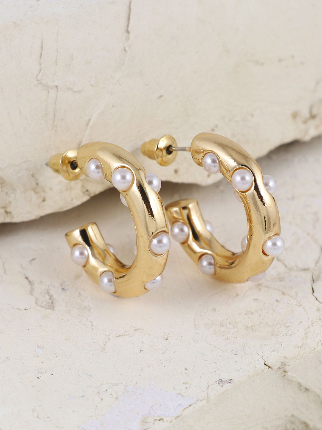 Asthetika Gold-Plated Pearls Beaded Contemporary Shaped Half Hoop Earrings