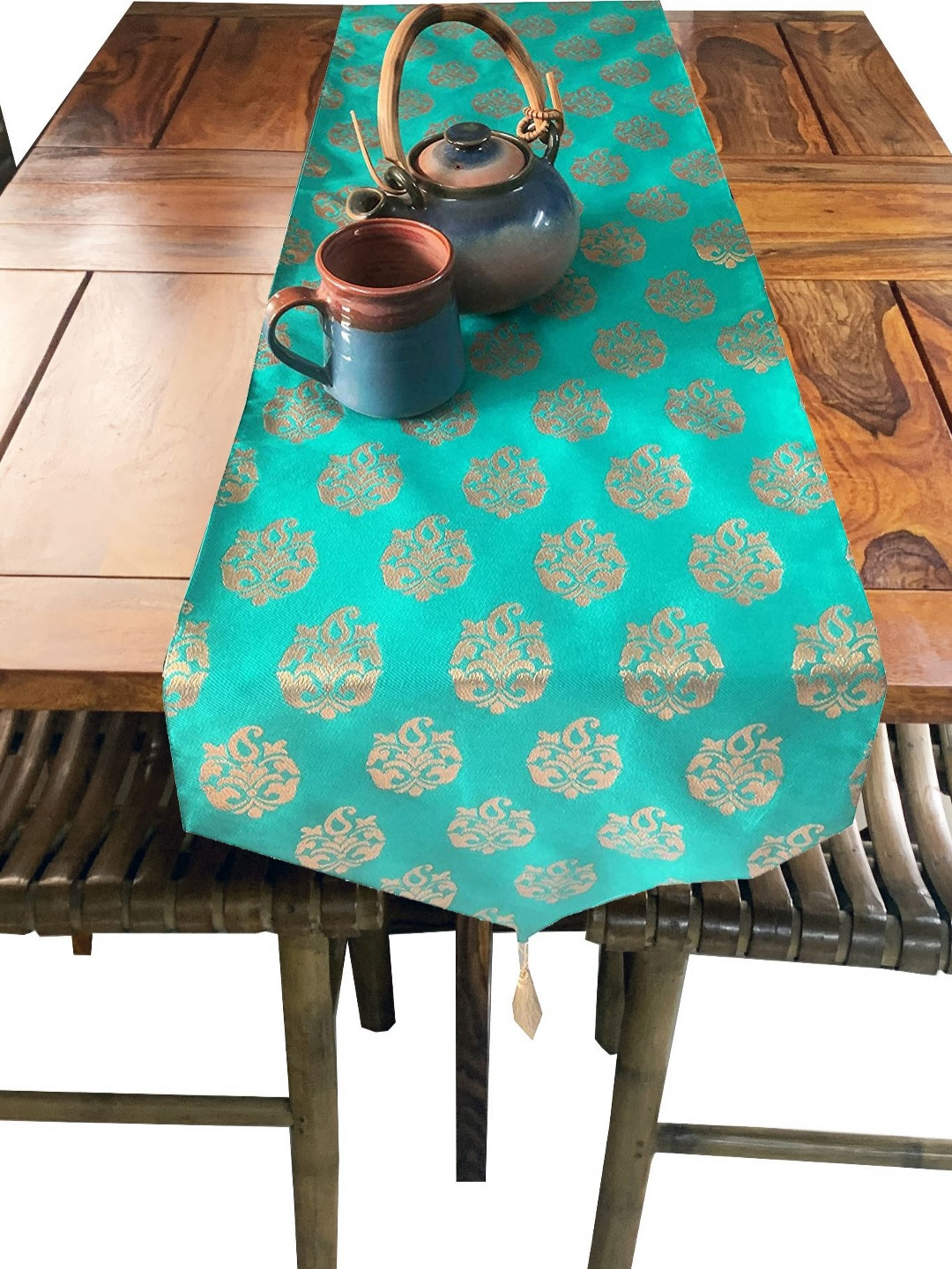 Pink Parrot Green & Yellow Woven Designed Tasseled TableRunner