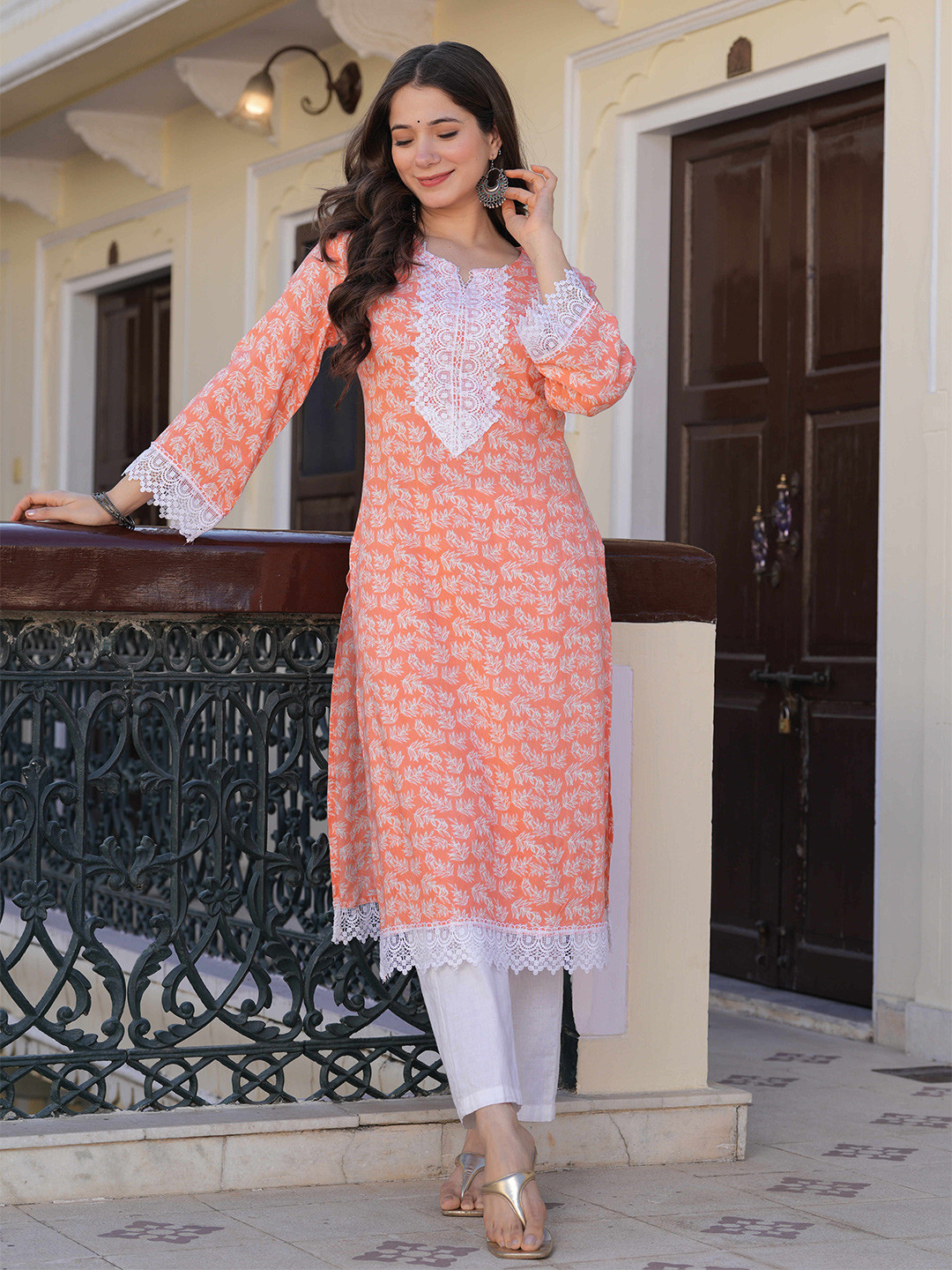 PRISCA Floral Printed Notch-Neck Flared Sleeves Cotton Straight Kurta