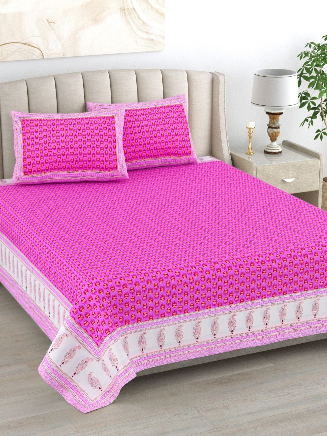 The Craft Monk Book Fold Pink Ethnic Motifs Cotton 240 TC King Bedsheet with 2 Pillow Covers-108 x 90 inches