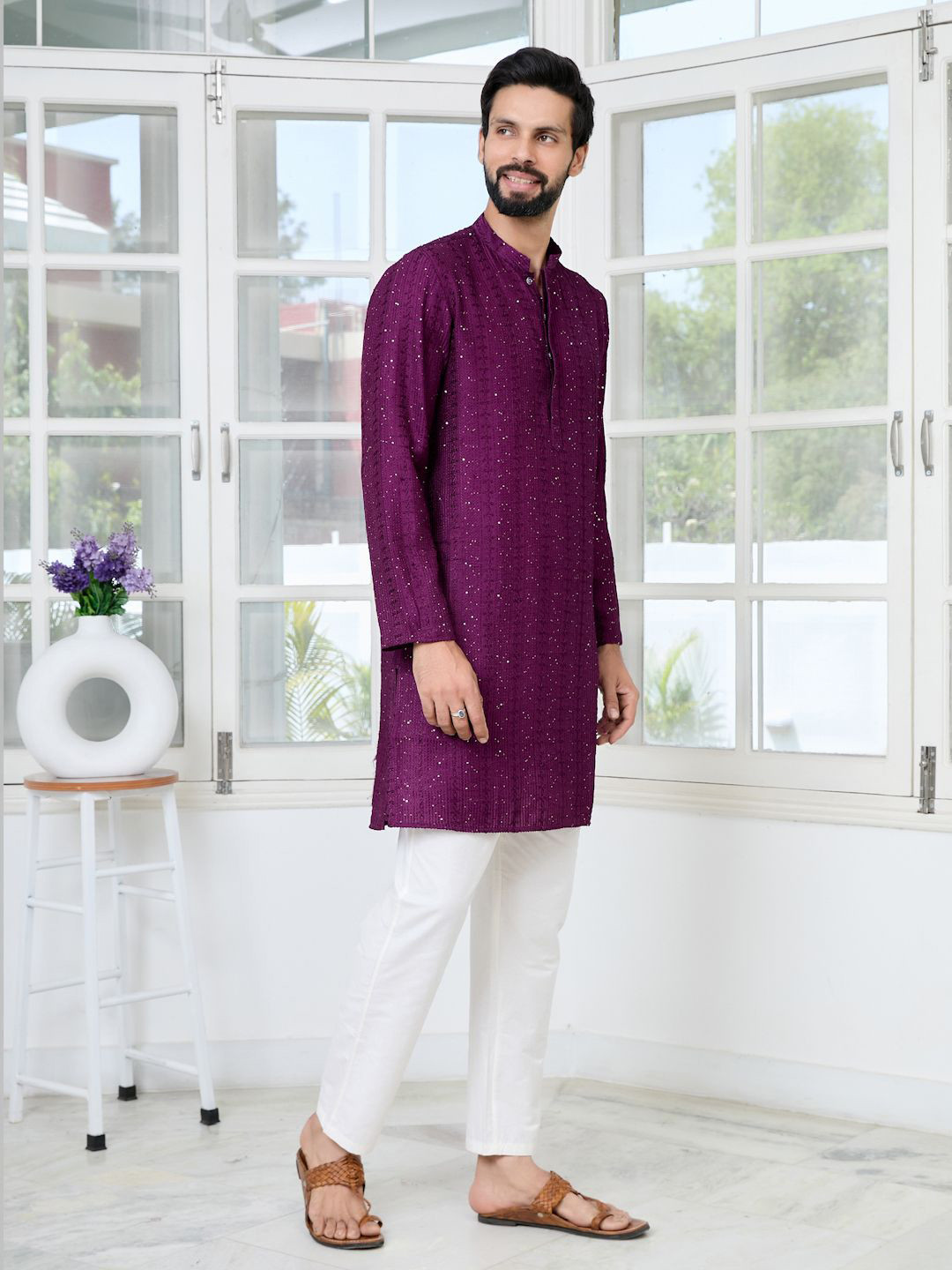 See Designs Men Embroidered Thread Work Sequinned Detail Mandarin Collar Kurta