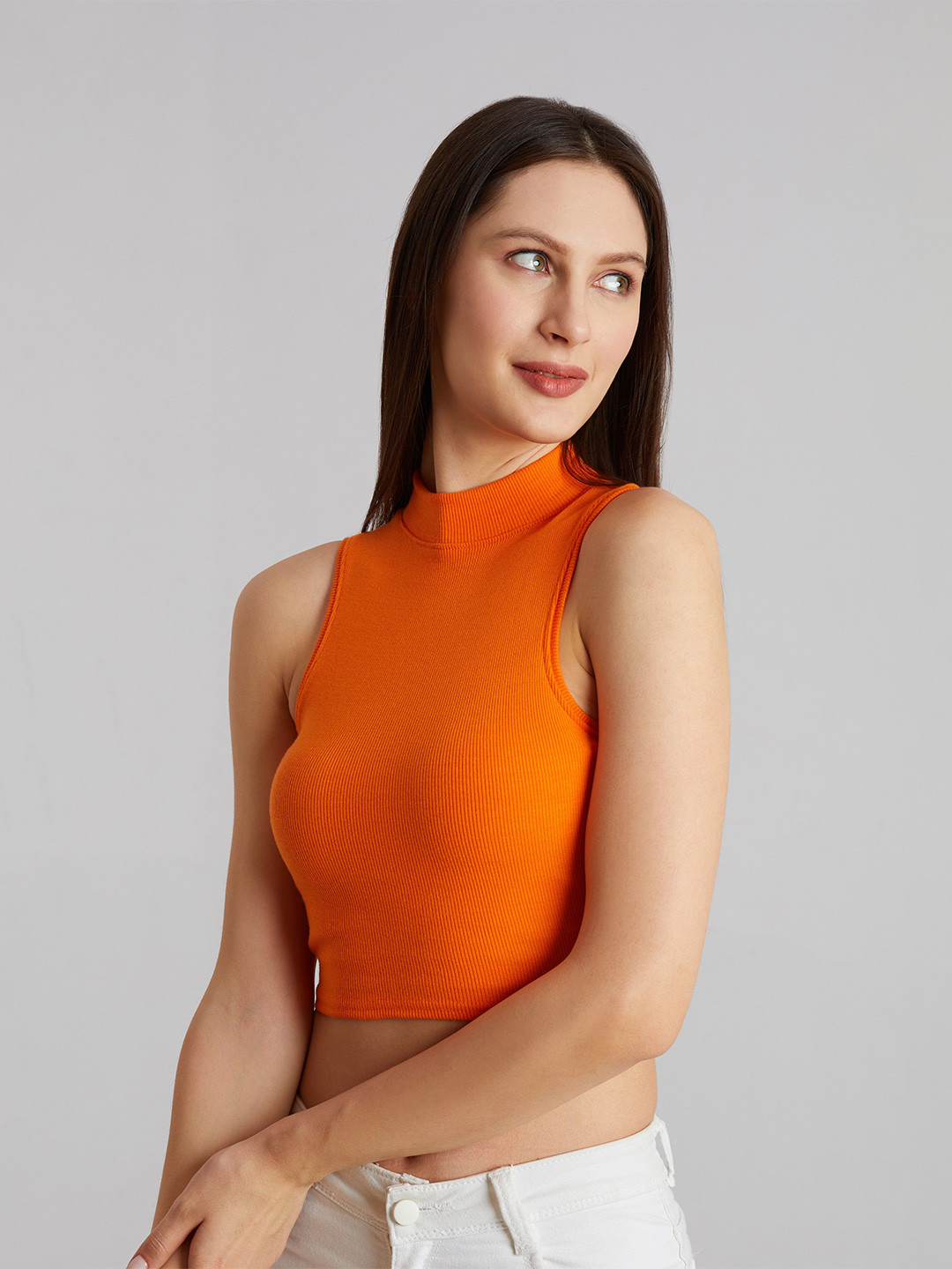 The Cloth Crow Women Ribbed High Neck Cotton Tank Crop Top