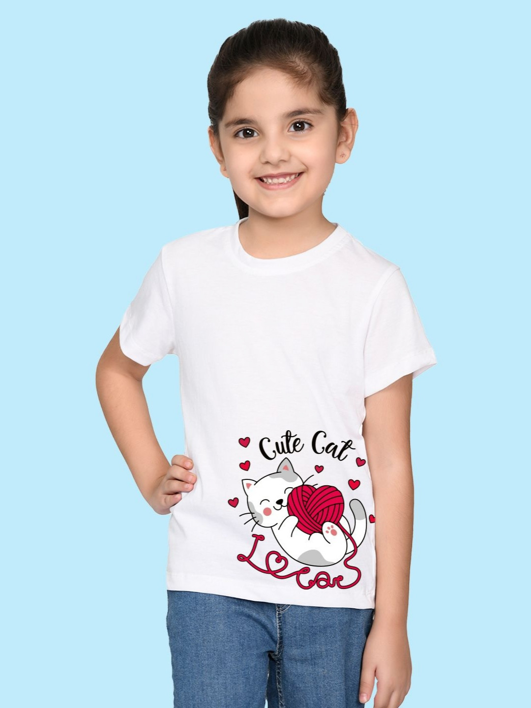 NUSYL Girls Cute Cat Printed Regular Fit Cotton T-Shirt