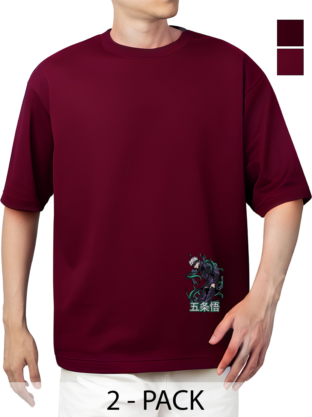 Starsbuyer Pack Of 2 Gojo Printed Cotton Drop-Shoulder Sleeves Oversized T-shirt