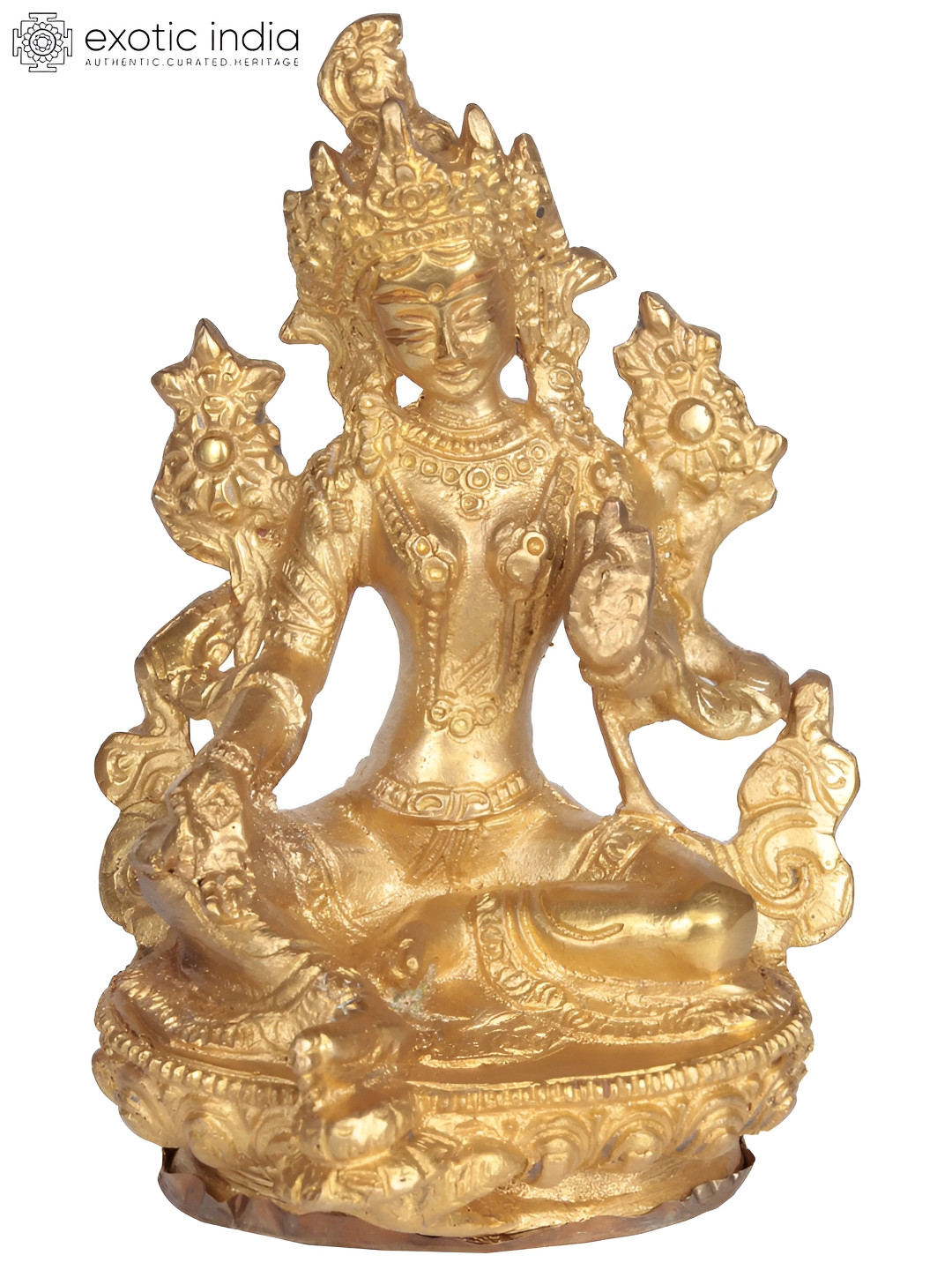 Exotic India Tibetan Buddhist Goddess Tara Gold Brass Metallic Prayer Room Small Showpiece - 6.5 Inches