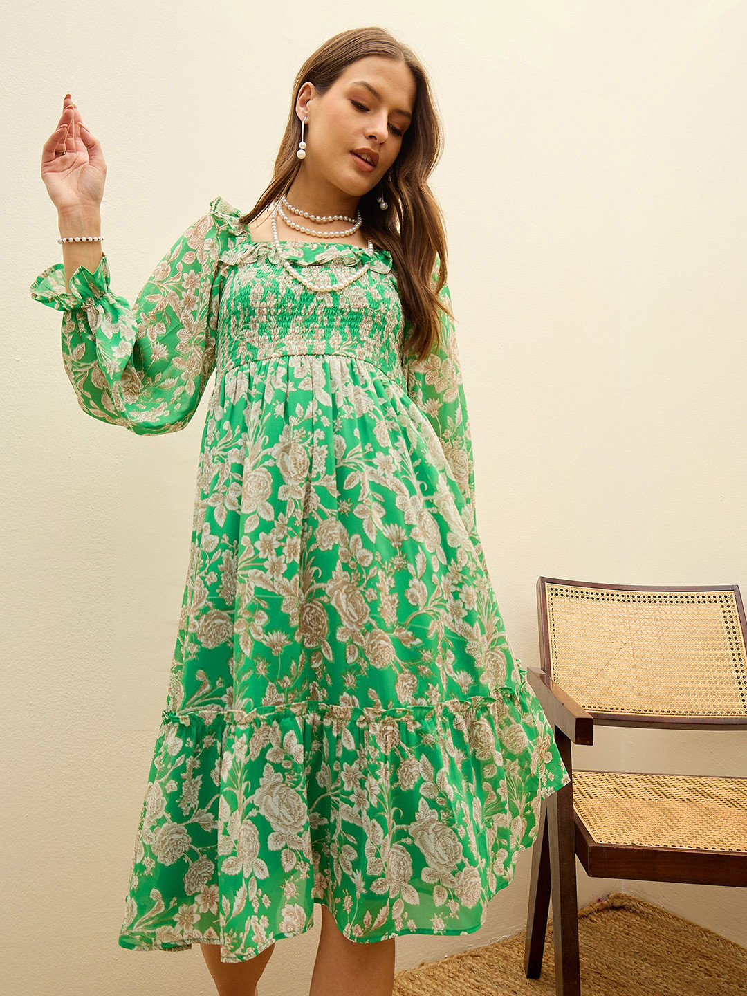 SASSAFRAS Floral Print Balloon Sleeve Georgette Fit & Flare Short Dress