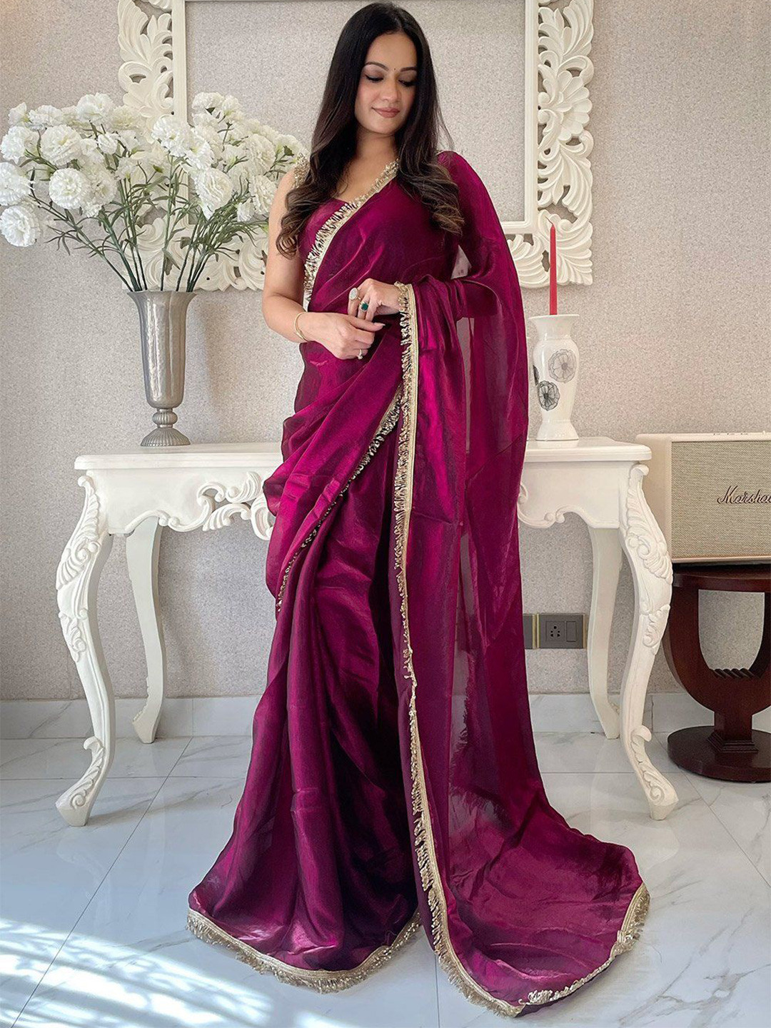 Kalista Women Embellished Solid Satin Saree