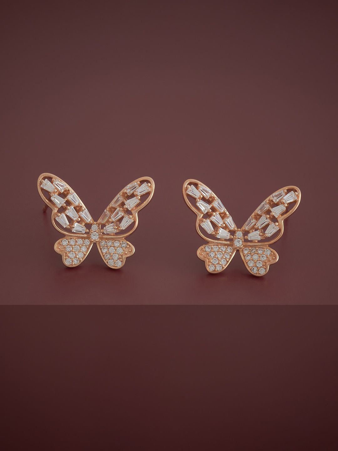 Kushal's Fashion Jewellery 92.5 Silver Rose Gold-Plated Zircon Studded Butterfly Studs