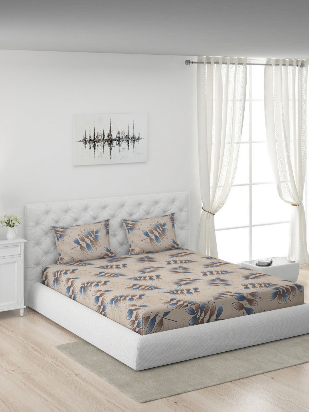 Moca By Monte Carlo Grey Floral Polyester 120 TC King Bedsheet with 2 Pillow Covers-100 x 88 inches