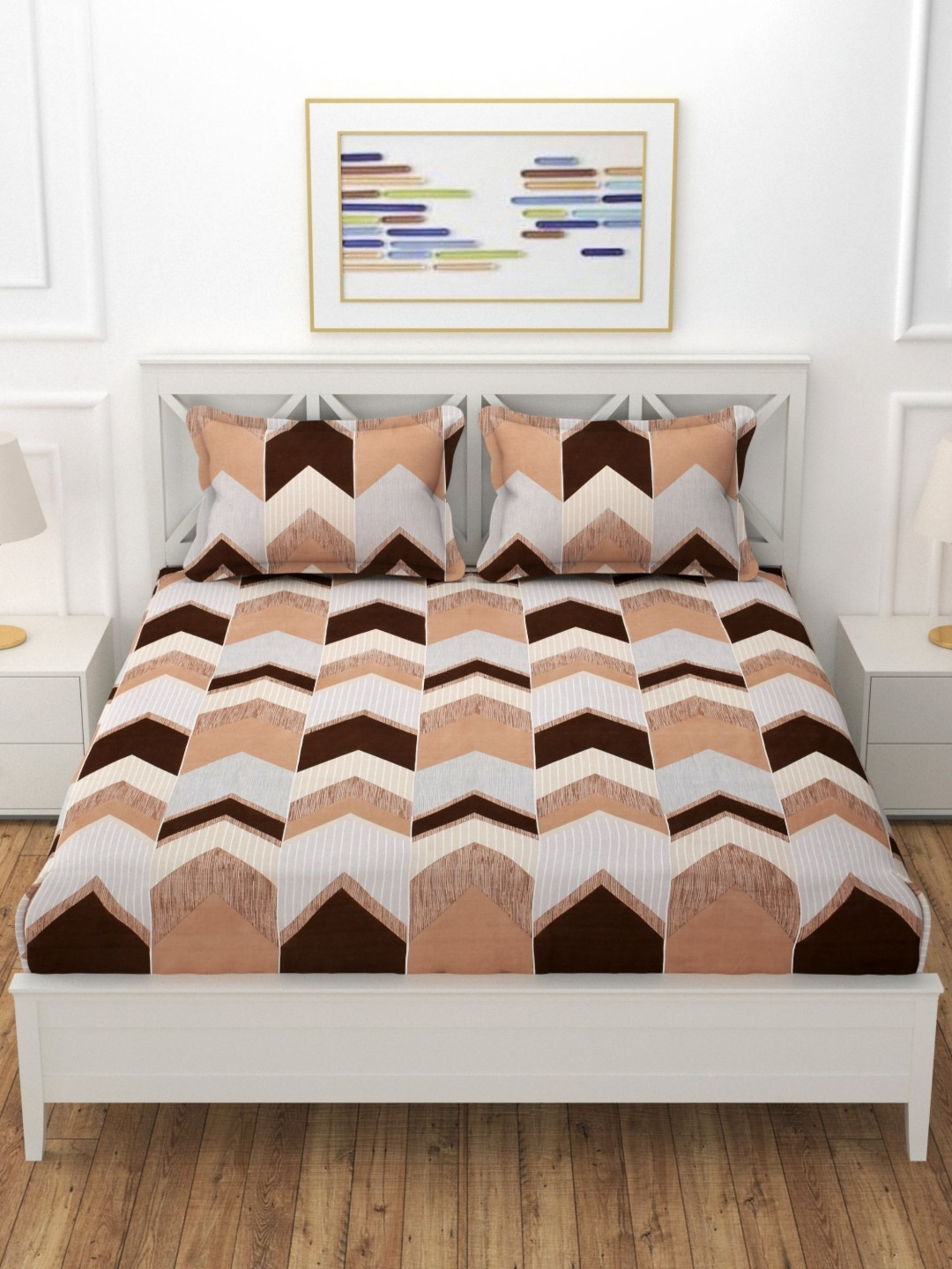 REALDREAM Presents Luxurious Brown Geometric Cotton 260 TC Fitted King Fine Bedsheet with 2 Pillow Covers-78 x 72 inches