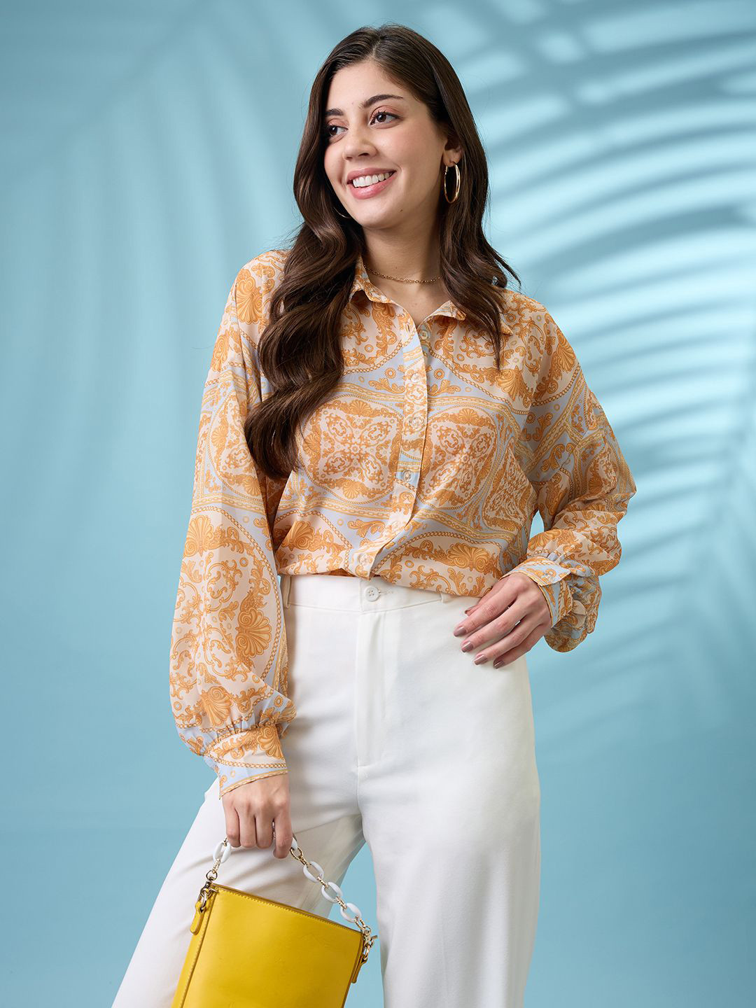 Globus Ethnic Print Spread Collar Puffed Cuff Sleeves Oversized Shirt